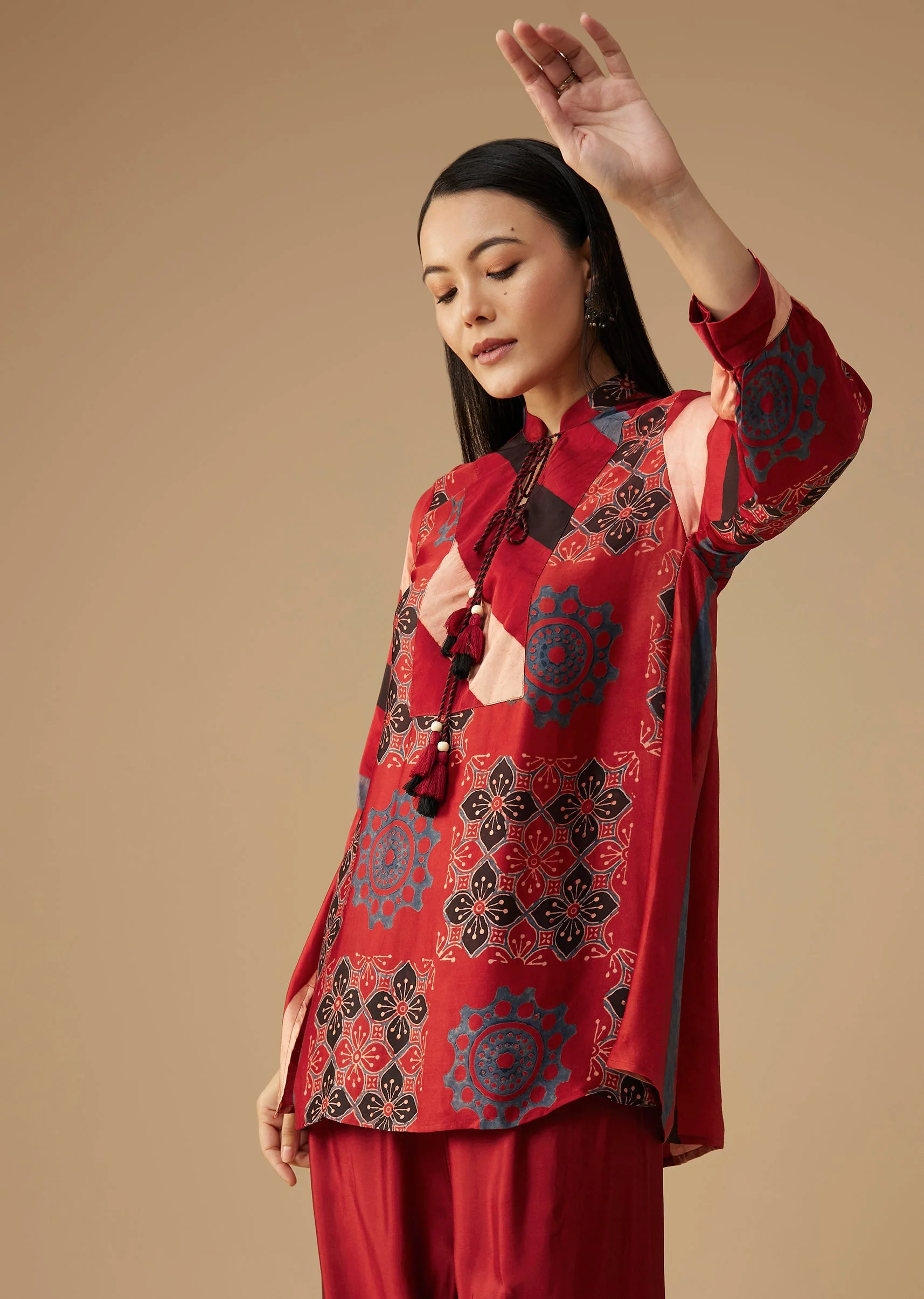Red Hand Dyed Ajrakh Tunic and Pant Set - Image 4