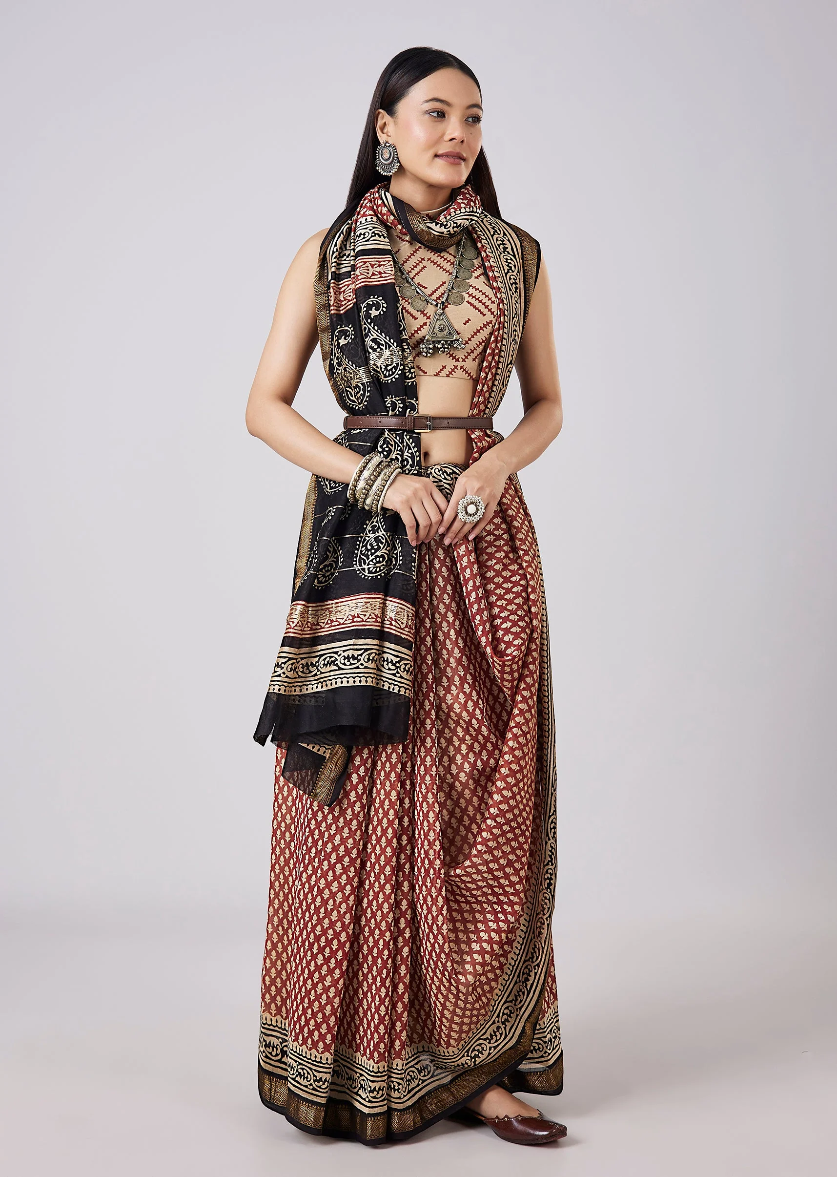 Red Hand Painted Motif Saree with Stitched Blouse - Image 3