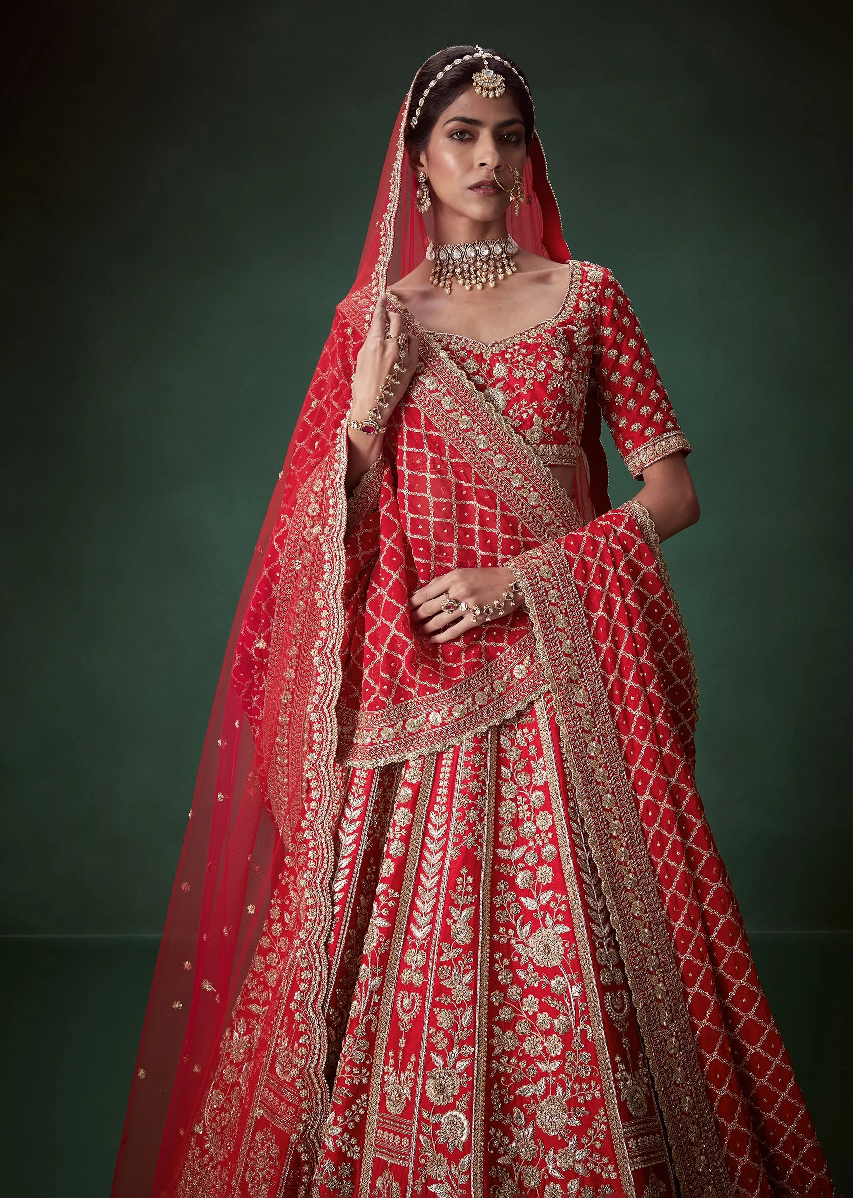 Red Heavy Zari Embellished Bridal Lehenga Set - Image 5