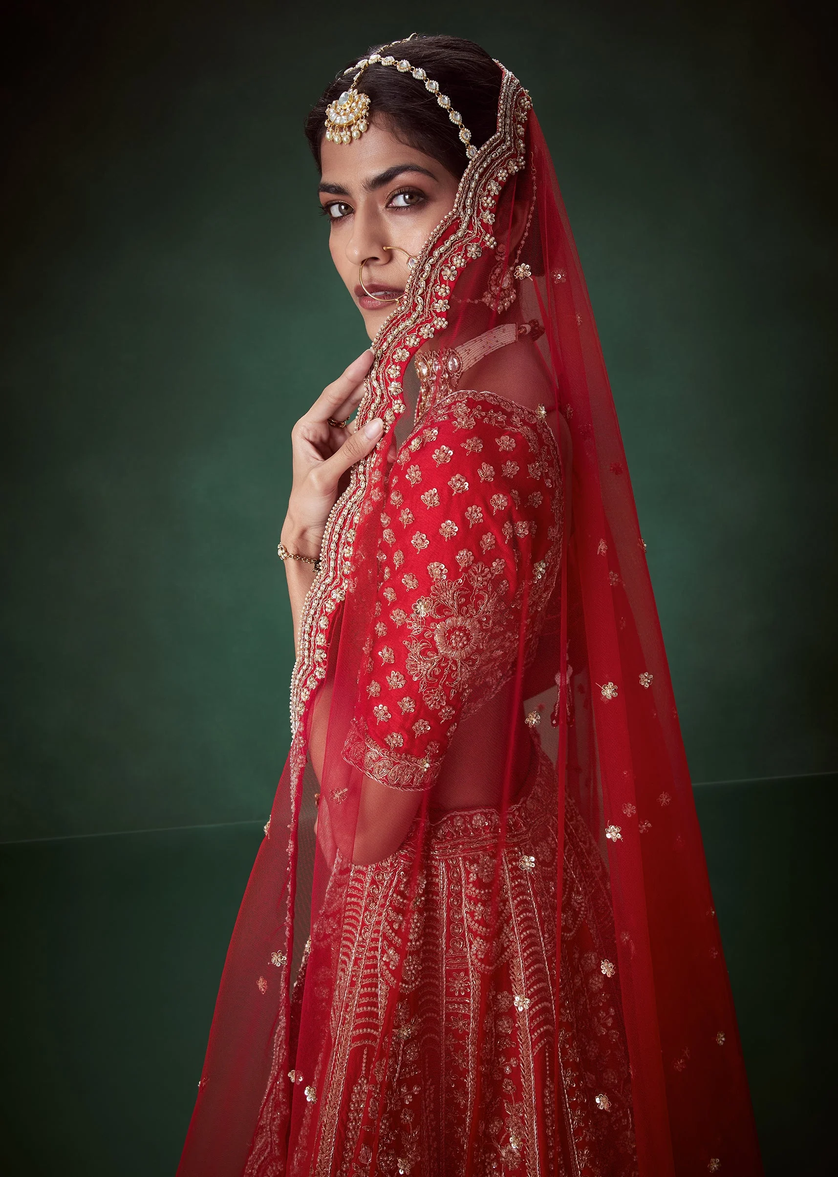 Red Heavy Zari Embellished Bridal Lehenga Set - Image 6