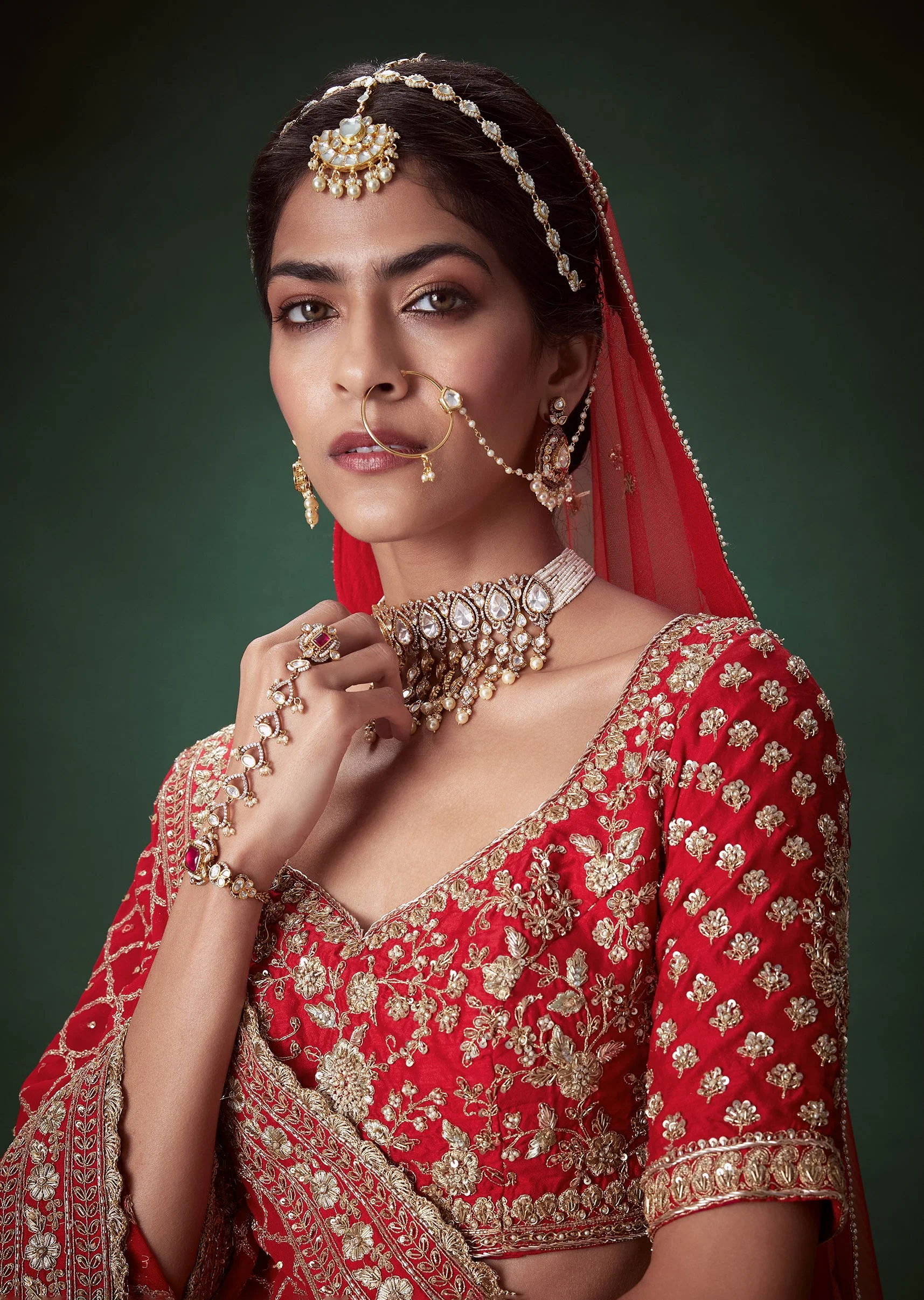 Red Heavy Zari Embellished Bridal Lehenga Set - Image 7