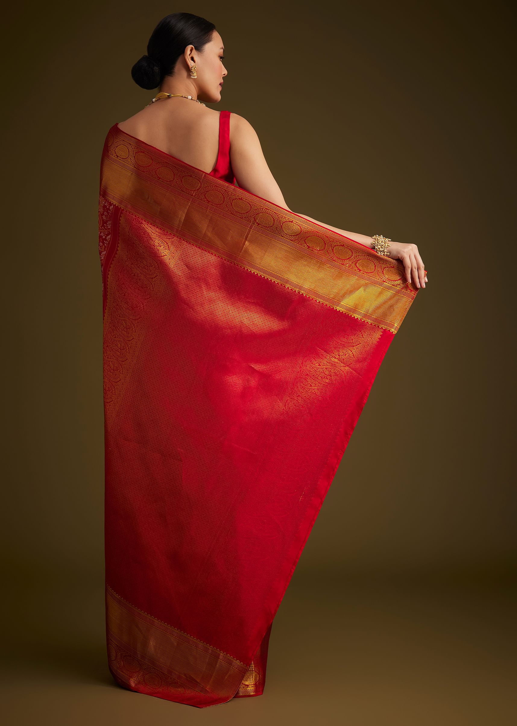 Red Kanjivaram Silk Saree With Golden Zari Detailing - Image 7