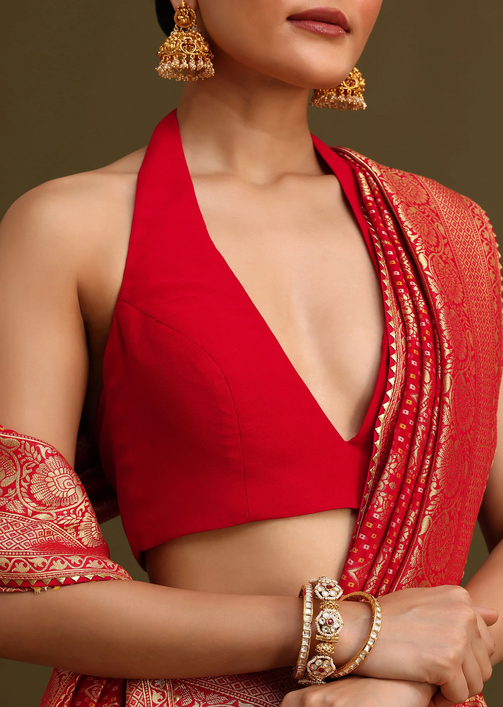 Red Khaddi Georgette Zari Weave Saree With Unstitched Blouse - Image 2