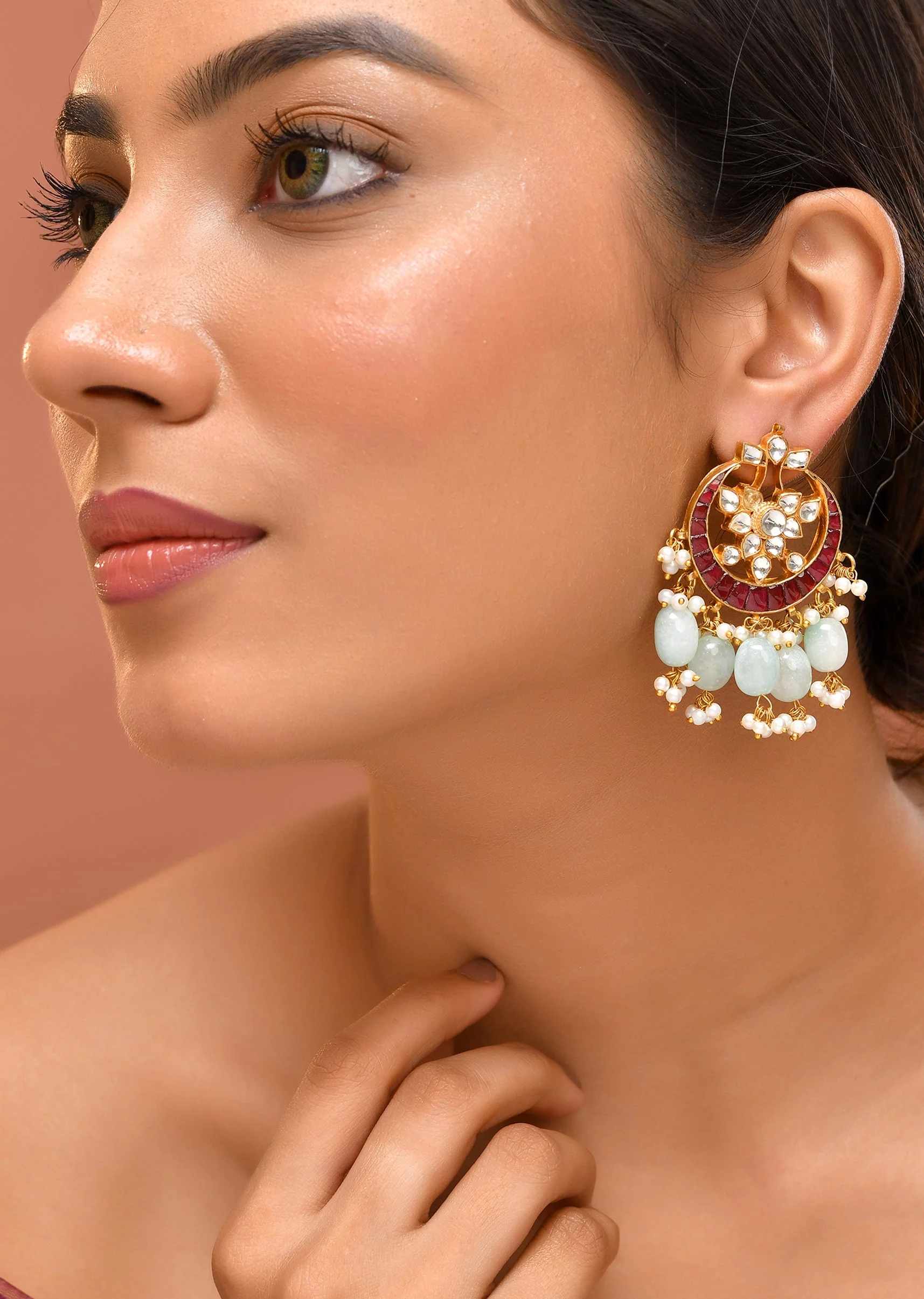 Red Kundan Stone Drop Chandbalis