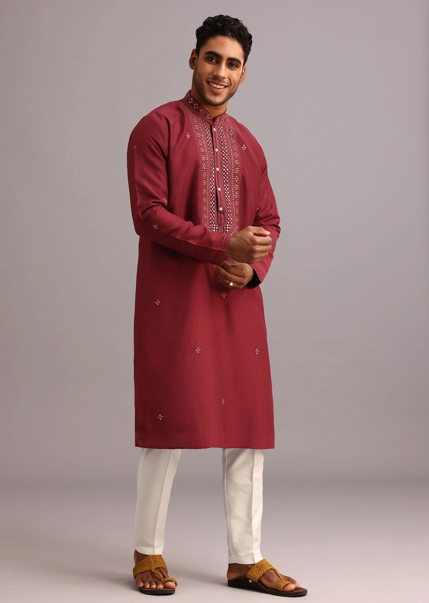 Red Kurta Pant Set In Silk With Mirror Work - Image 2