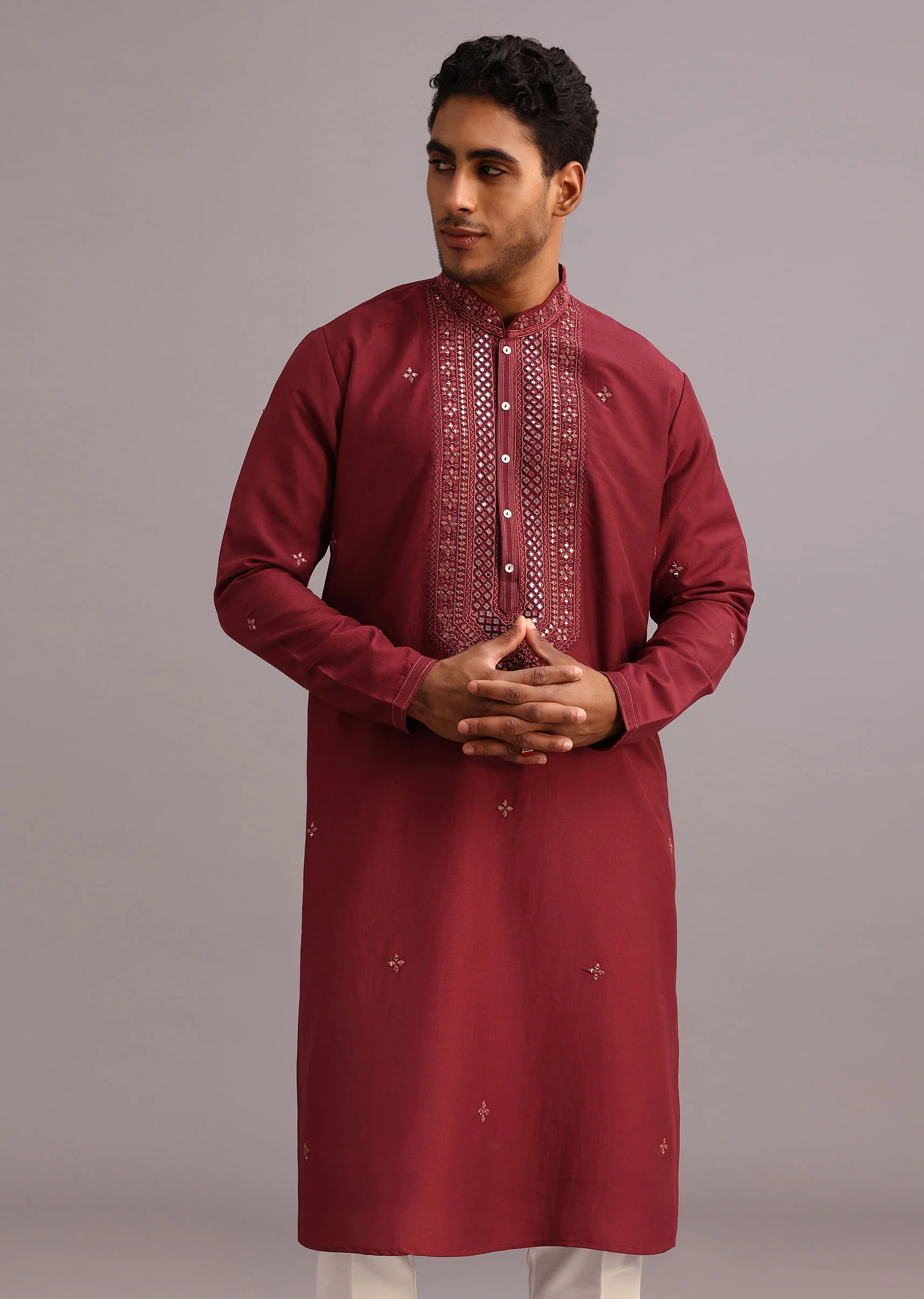 Red Kurta Pant Set In Silk With Mirror Work - Image 3