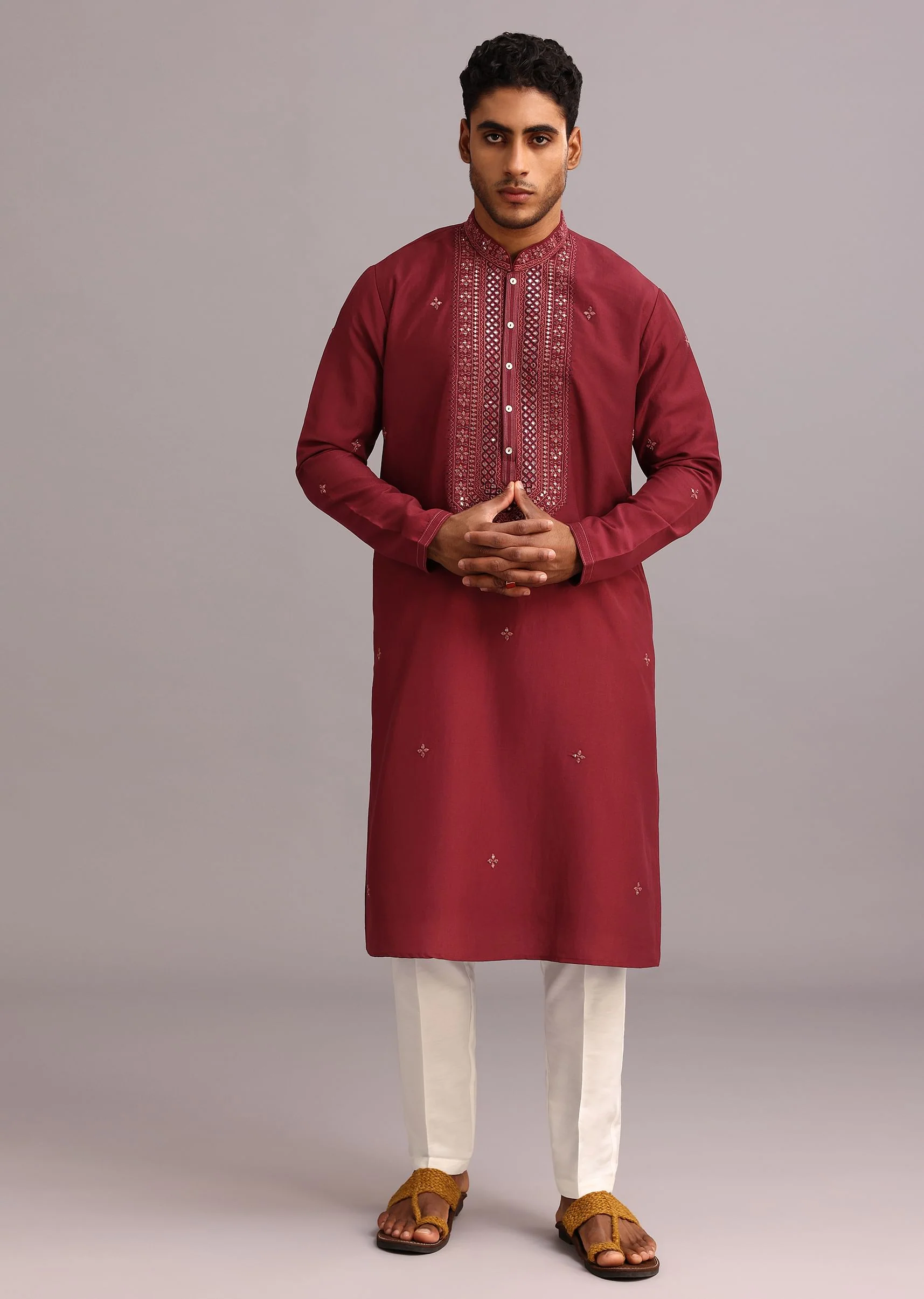 Red Kurta Pant Set In Silk With Mirror Work - Image 4