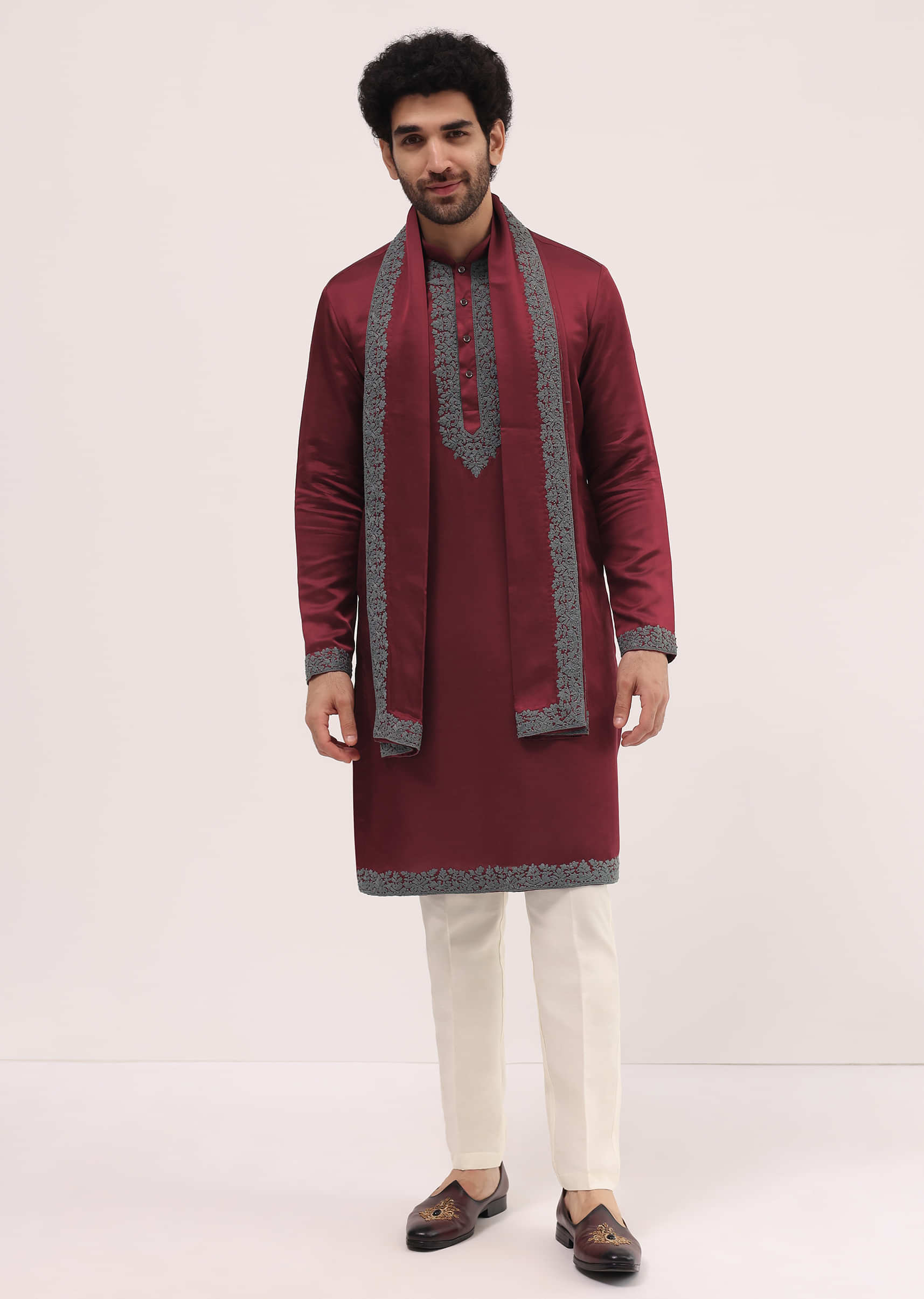 Red Kurta Set In Resham Work With Dupatta For Men - Image 2