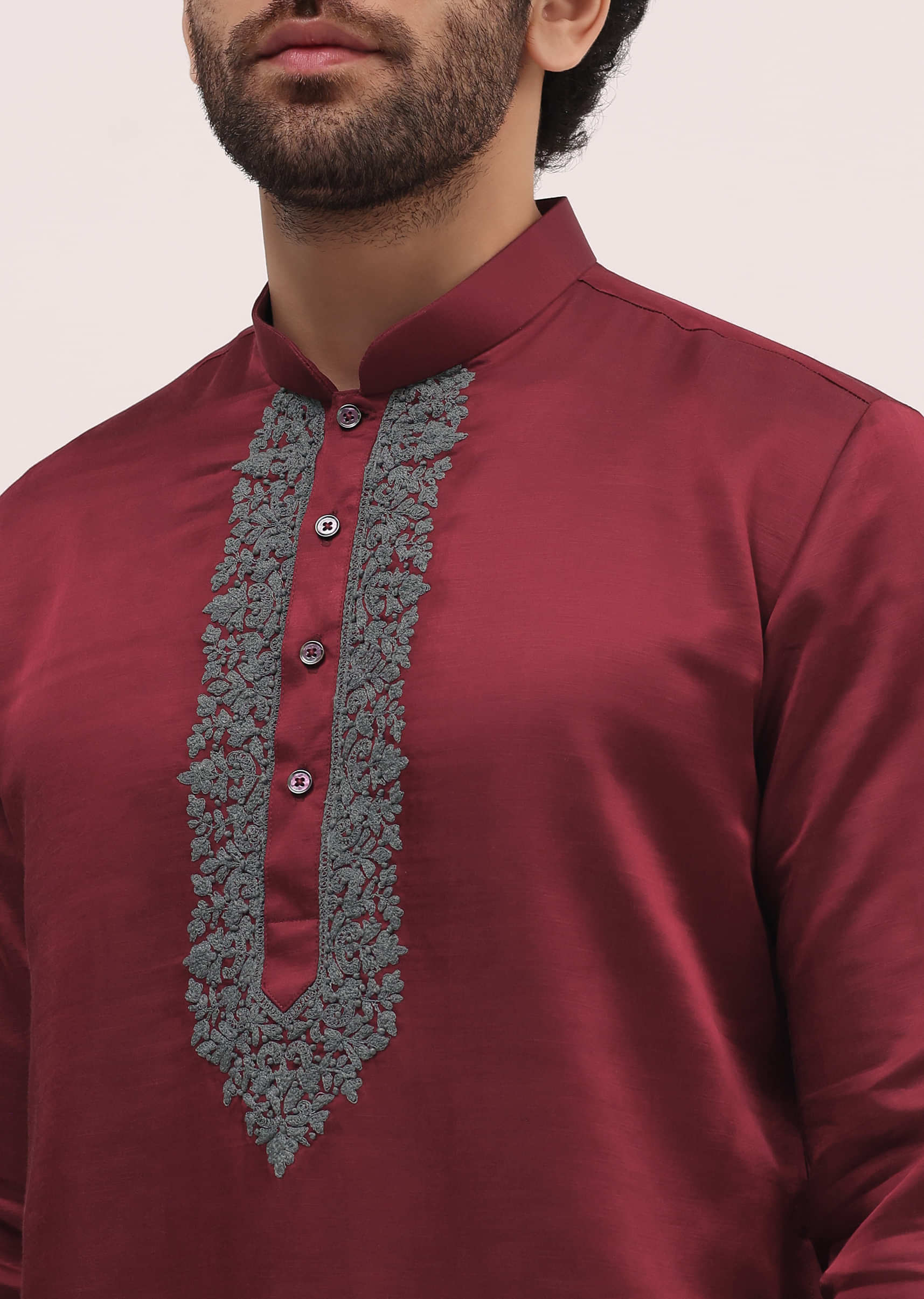 Red Kurta Set In Resham Work With Dupatta For Men - Image 4