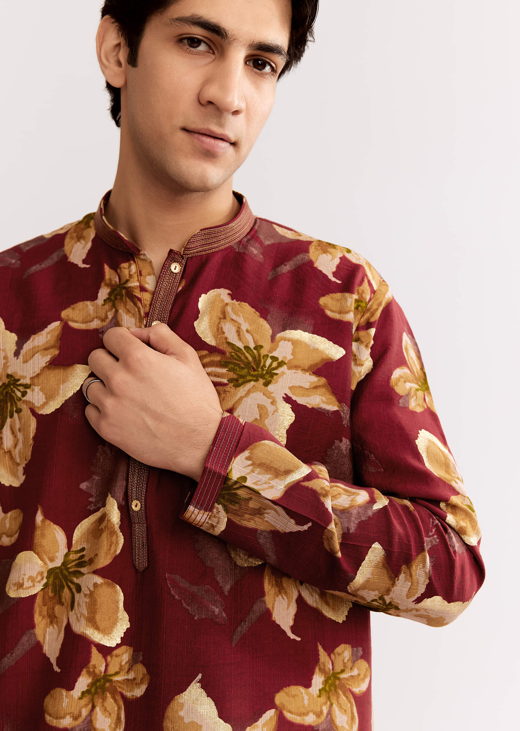 Red Maroon Silk Kurta Set With Floral Print - Image 2