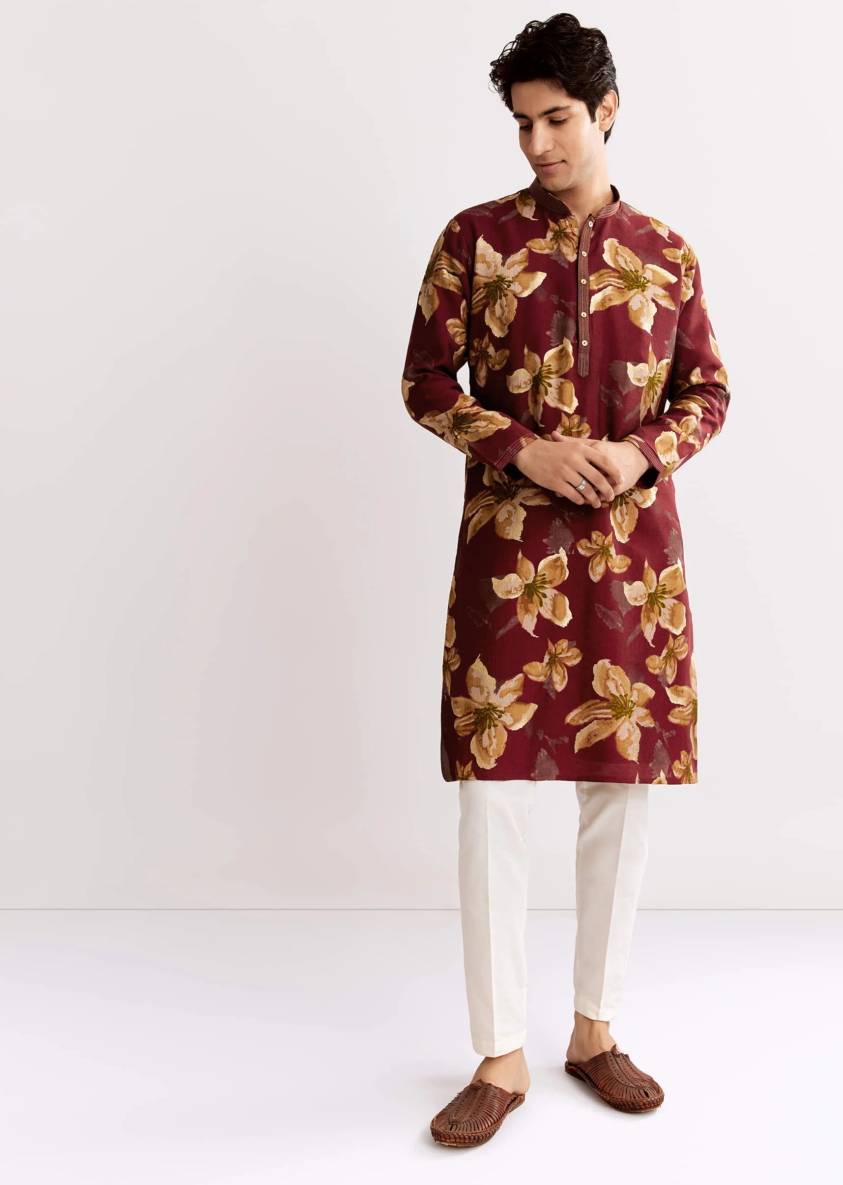 Red Maroon Silk Kurta Set With Floral Print - Image 4