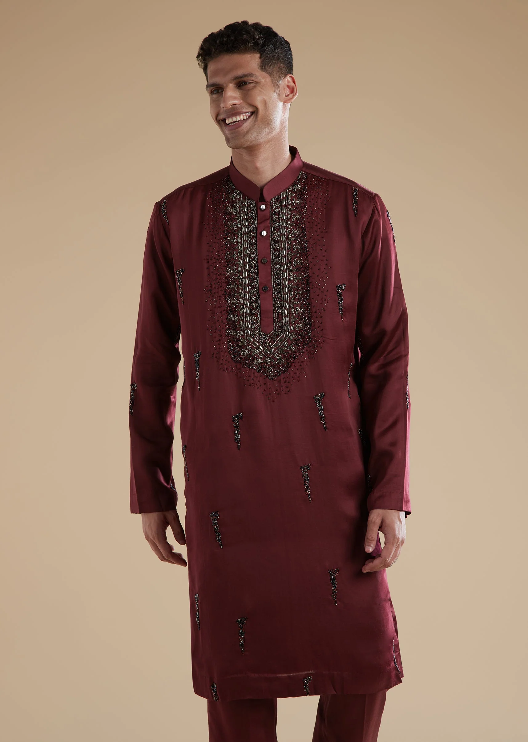 Red Maroon Silk Kurta Set With Metal Stone Detail - Image 5
