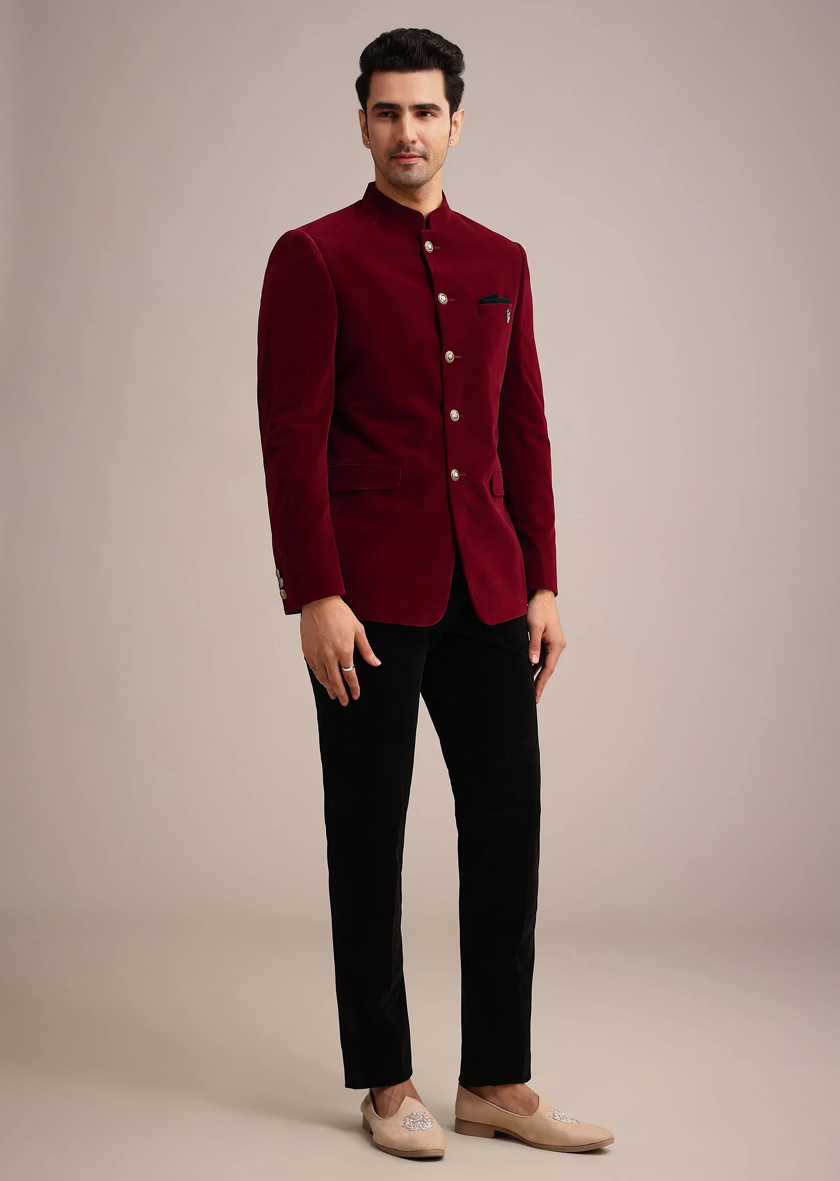 Red Micro Velvet Jodhpuri Set With Pocket Square - Image 3