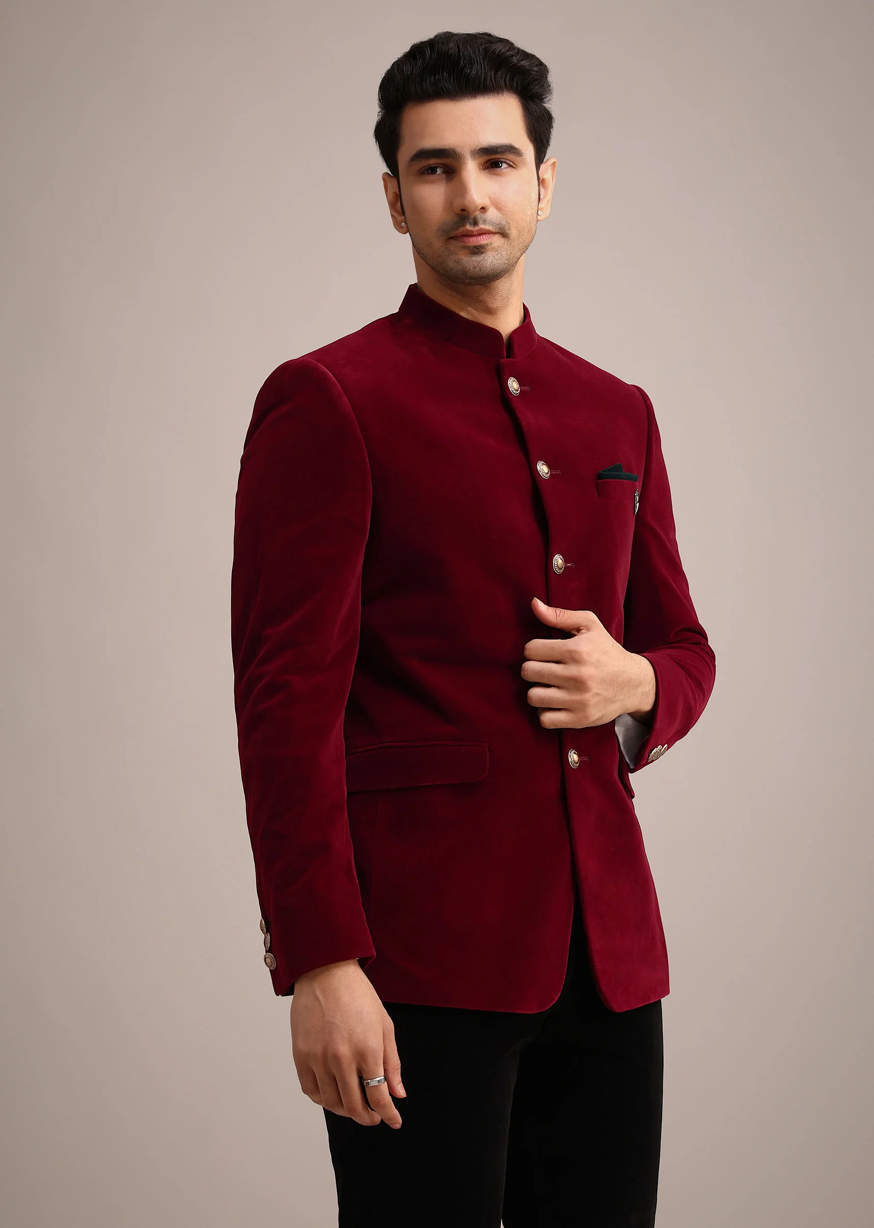 Red Micro Velvet Jodhpuri Set With Pocket Square - Image 4