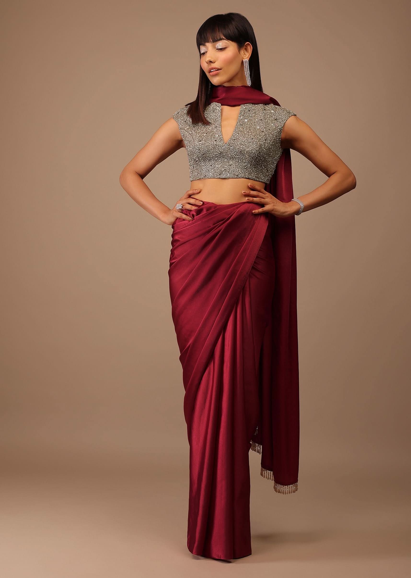 Valentine Red Milano Satin Saree With V Neck Hand Embroidered Crop Top - Image 4