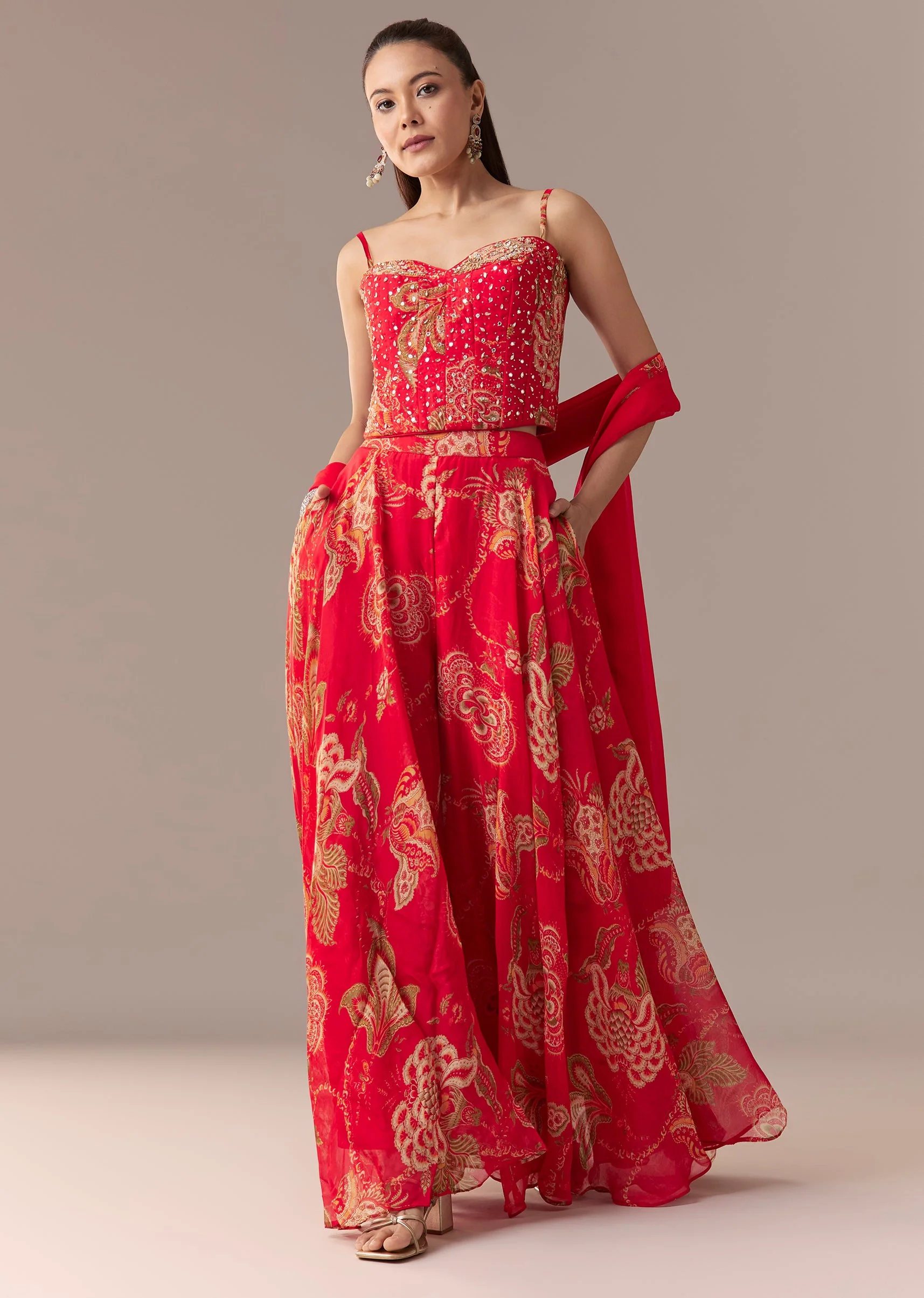 Red Mirror Work Corset Palazzo Set With Dupatta - Image 2