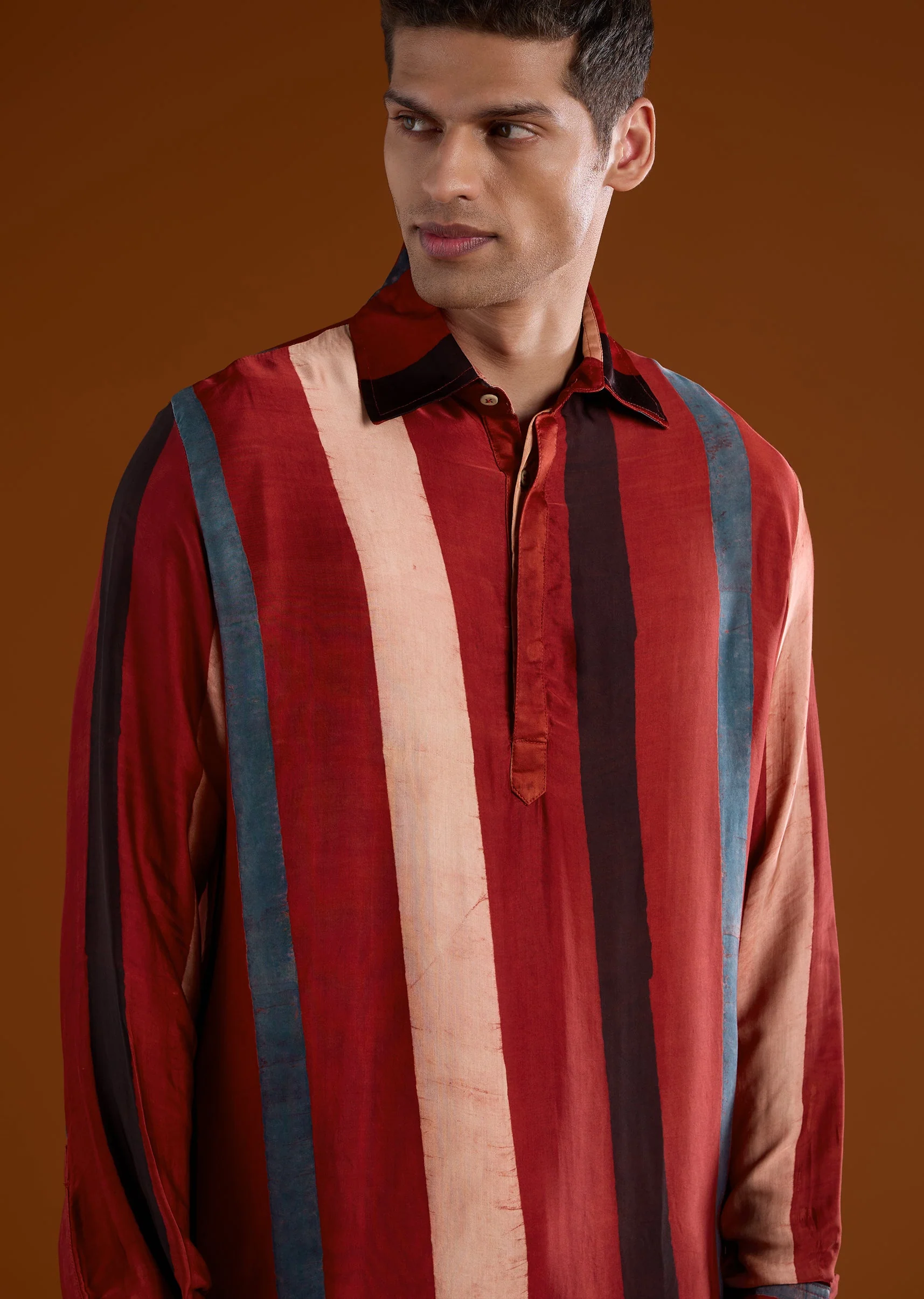 Red Modal Mens Kurta Set With Handblock Ajrakh - Image 2