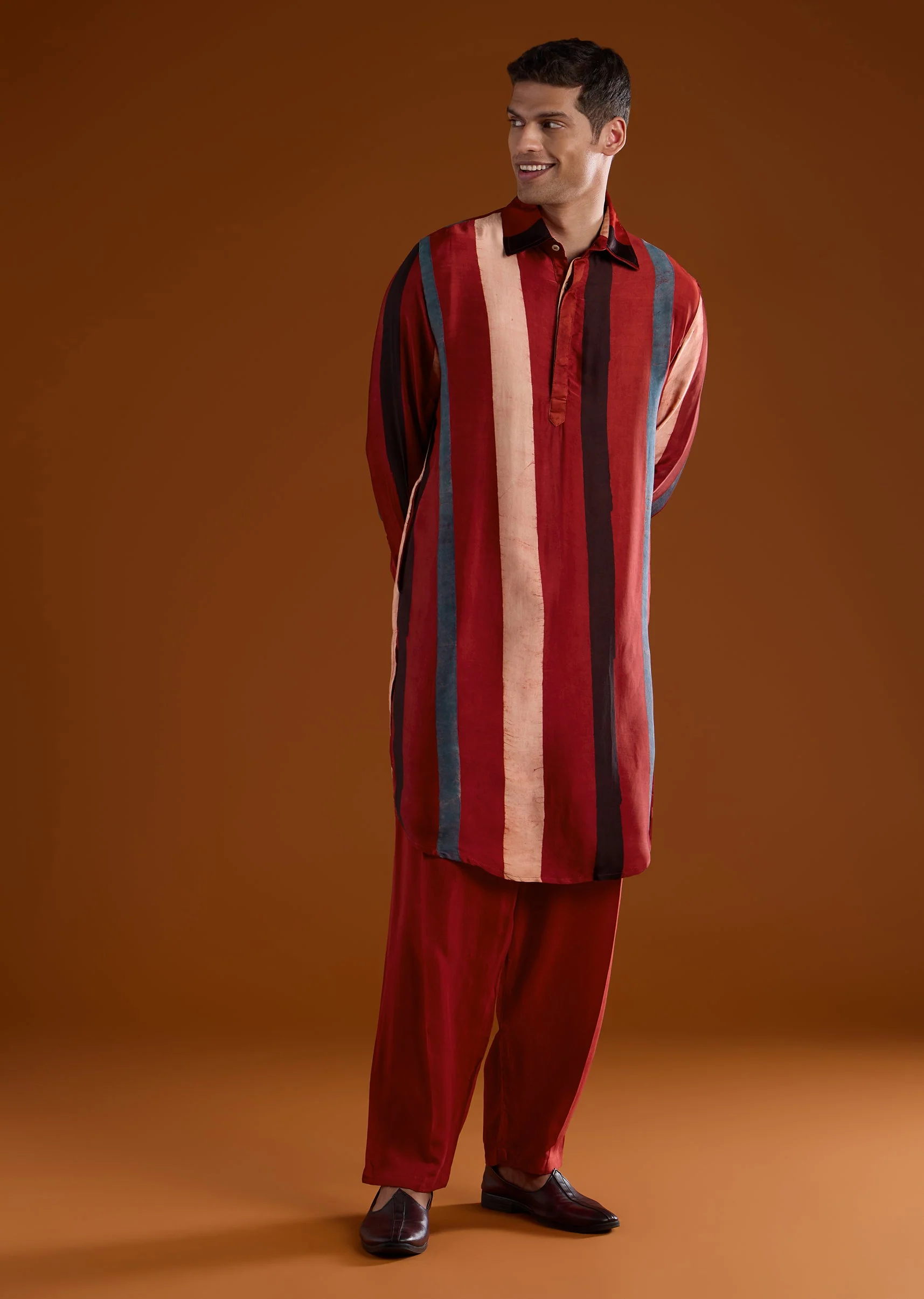 Red Modal Mens Kurta Set With Handblock Ajrakh - Image 3
