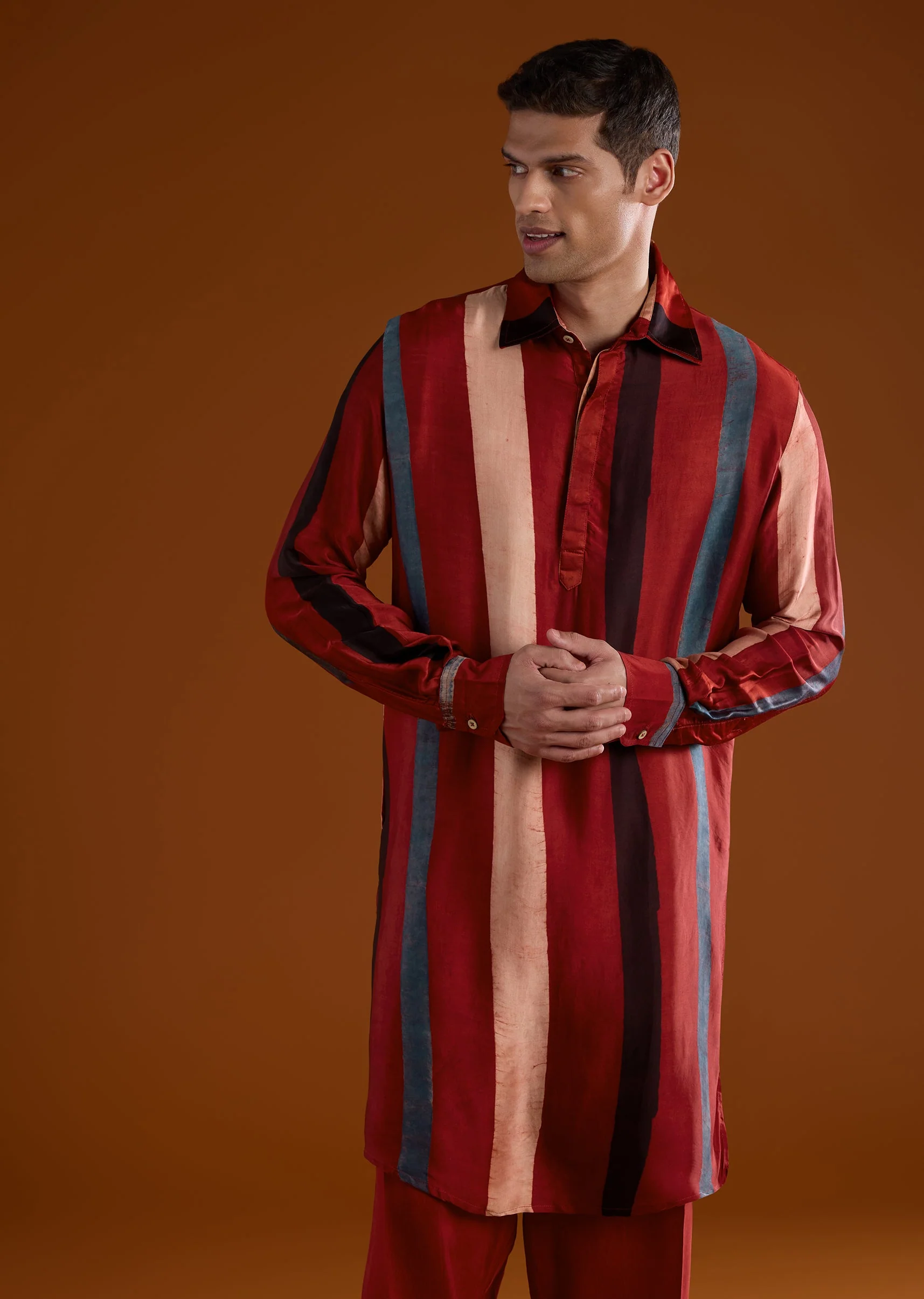 Red Modal Mens Kurta Set With Handblock Ajrakh - Image 4
