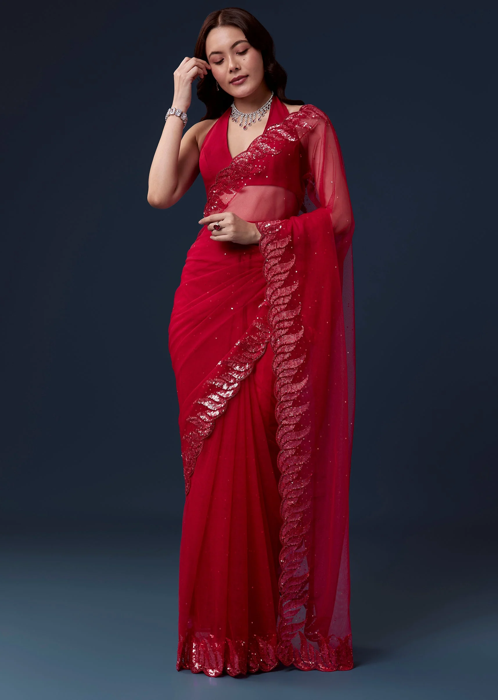 Red Net Saree With Beads And Sequin Embroidery