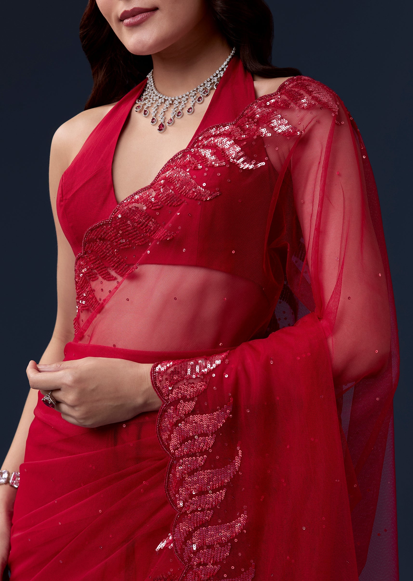 Red Net Saree With Beads And Sequin Embroidery - Image 2