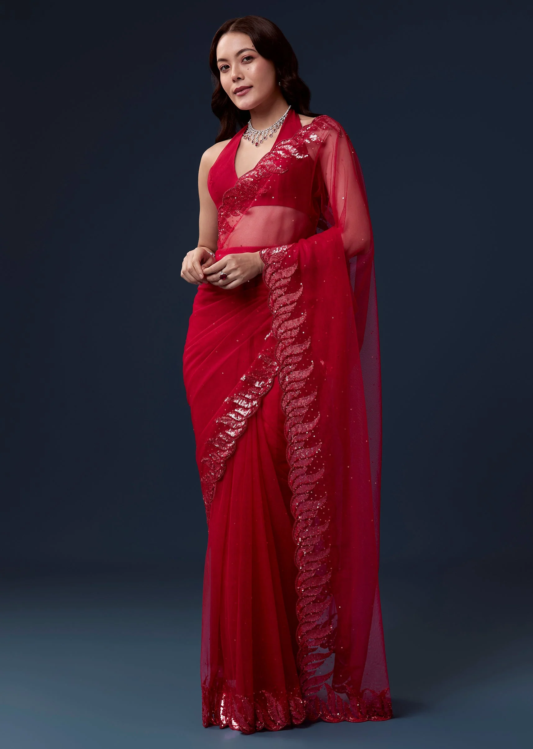 Red Net Saree With Beads And Sequin Embroidery - Image 3