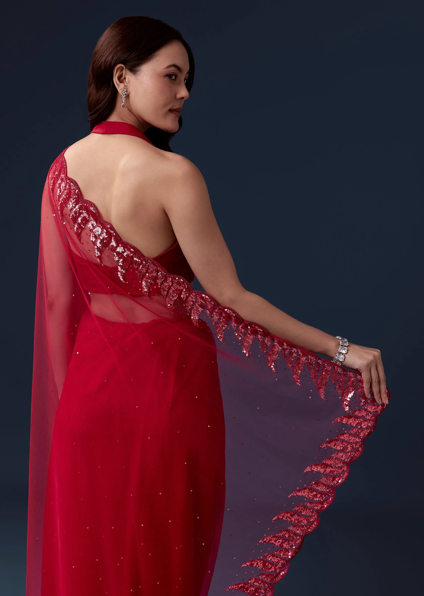 Red Net Saree With Beads And Sequin Embroidery - Image 6