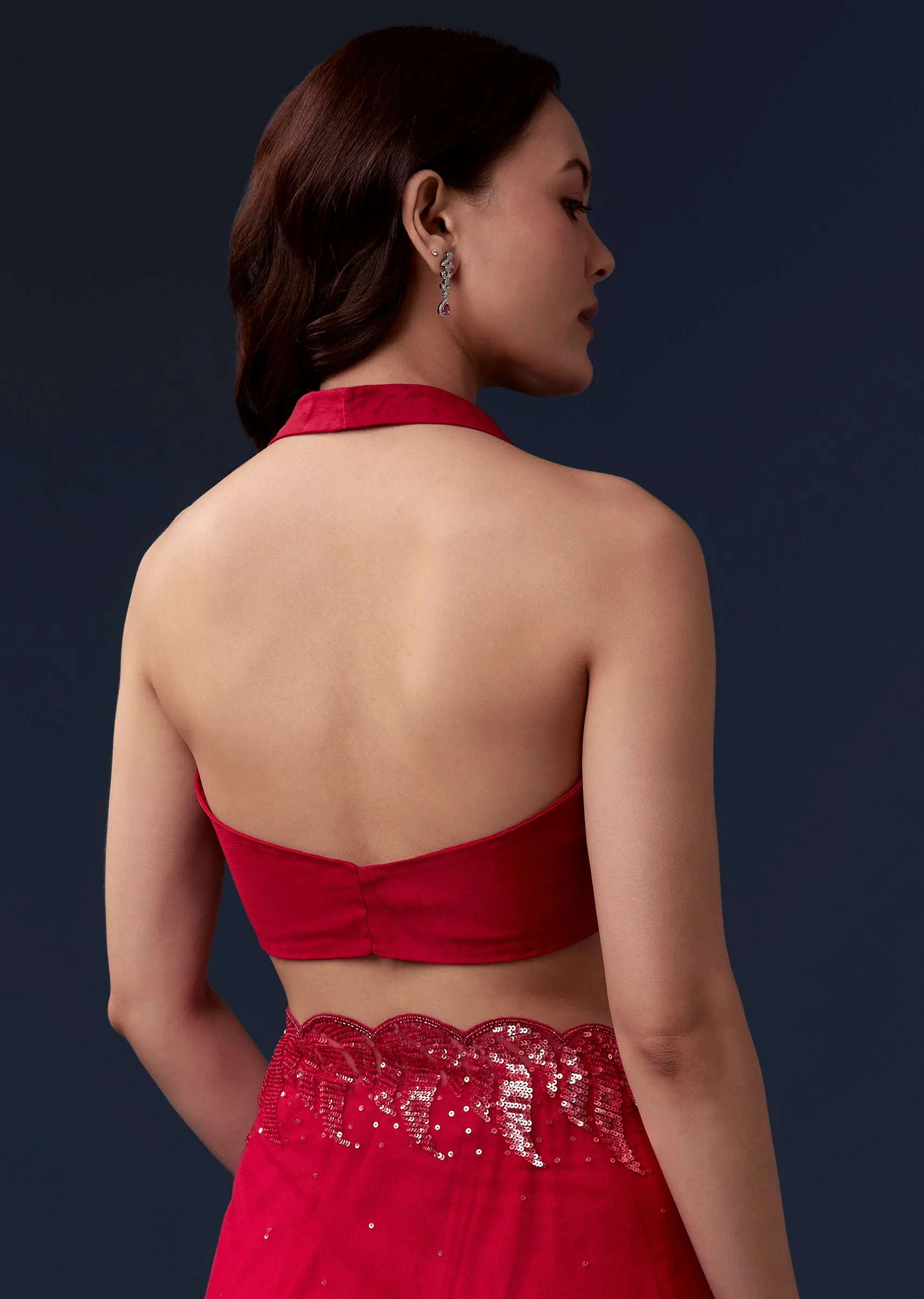 Red Net Saree With Beads And Sequin Embroidery - Image 8