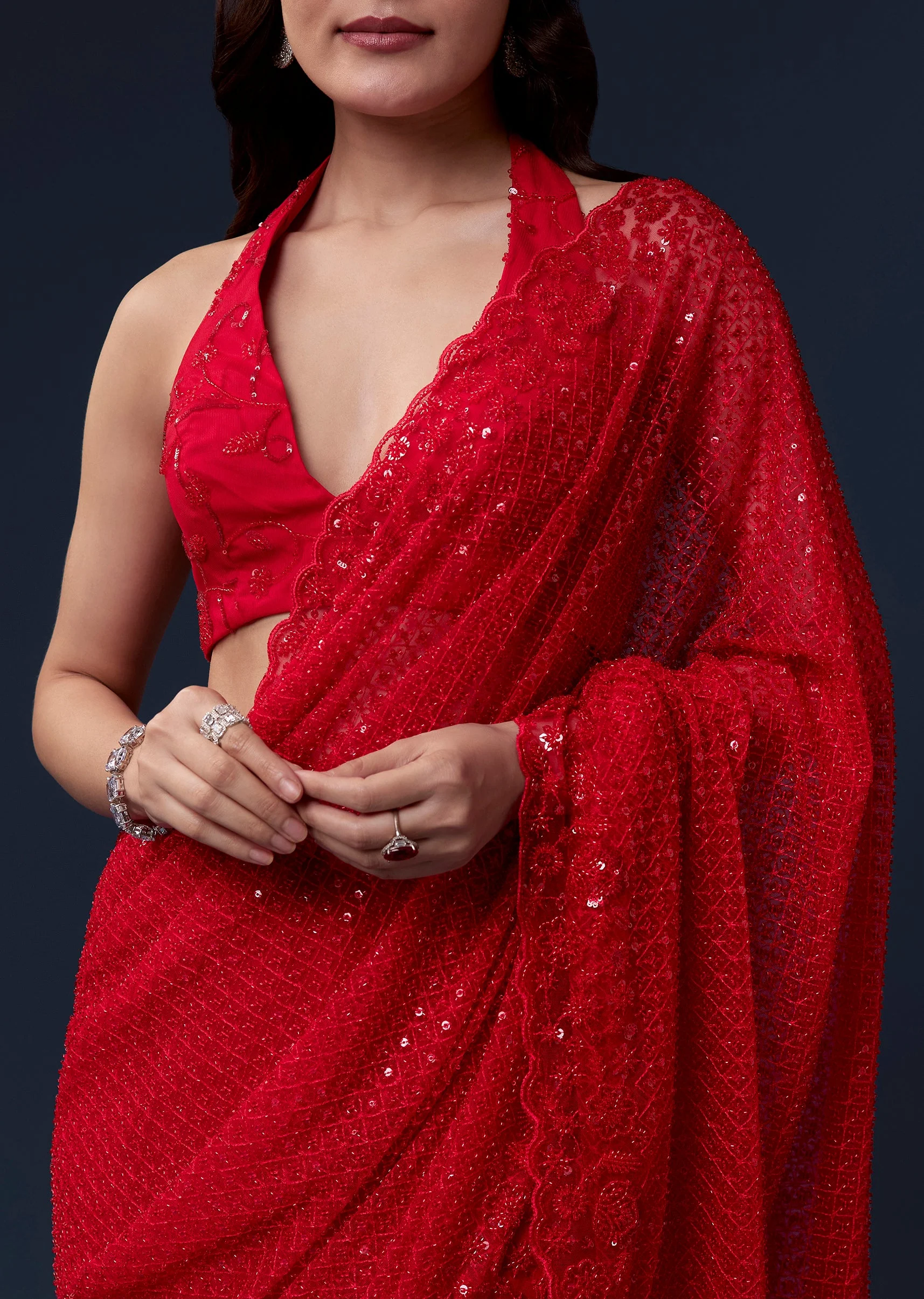 Red Net Saree With Cutdana Beads And Sequin Embroidery - Image 3