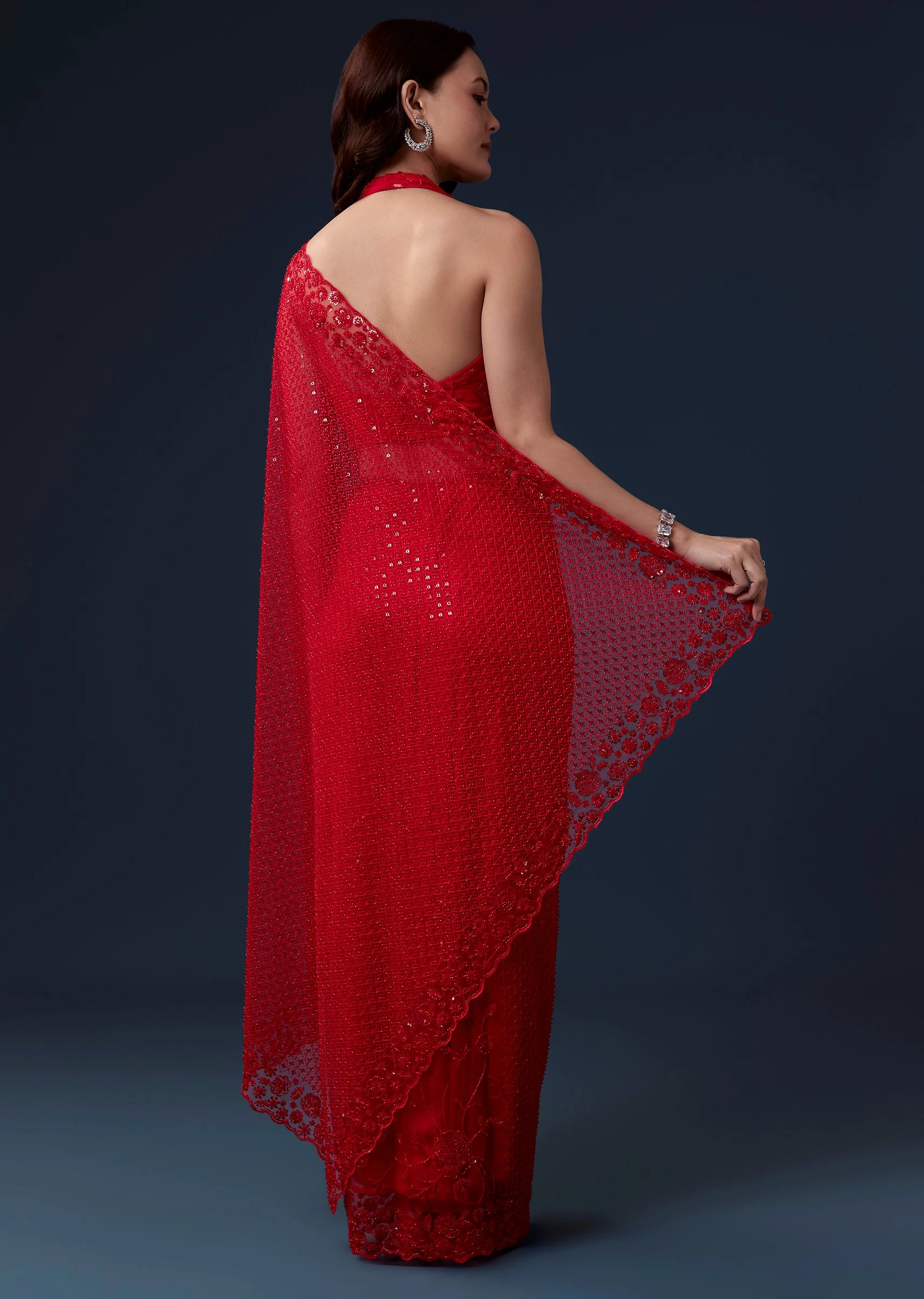 Red Net Saree With Cutdana Beads And Sequin Embroidery - Image 4