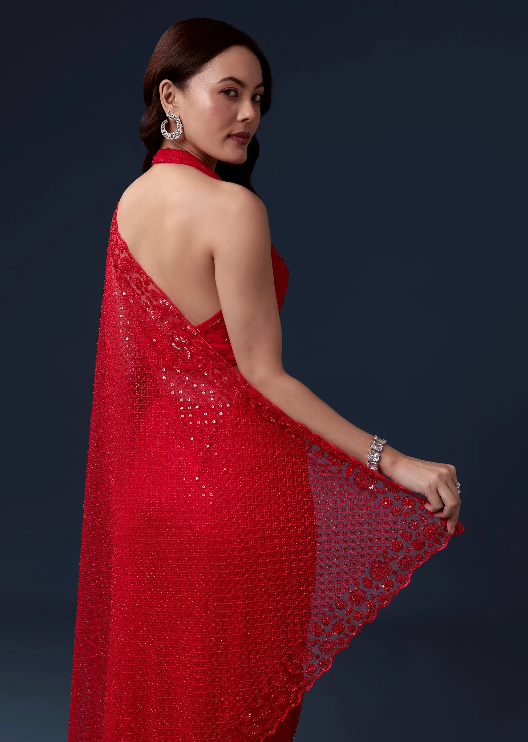 Red Net Saree With Cutdana Beads And Sequin Embroidery - Image 6