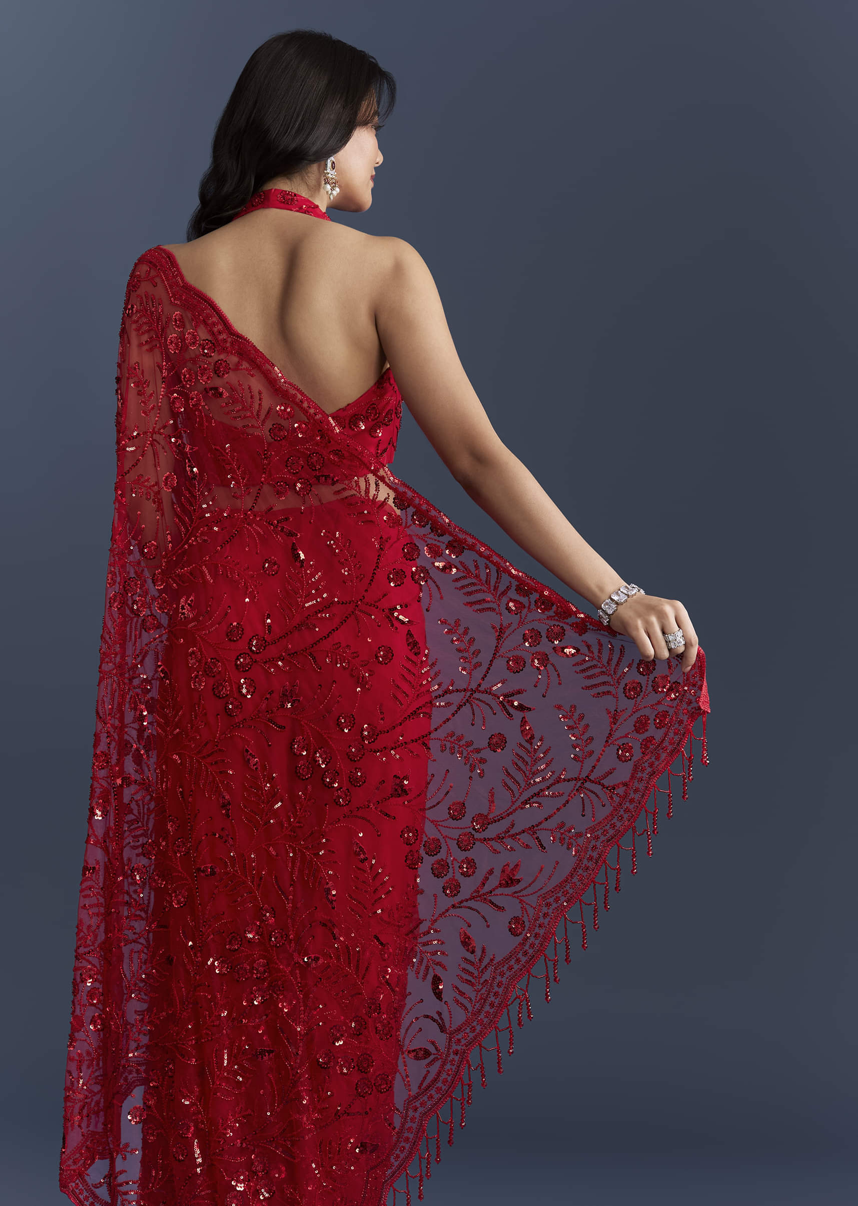 Red Net Saree With Floral Sequins Embroidery - Image 6