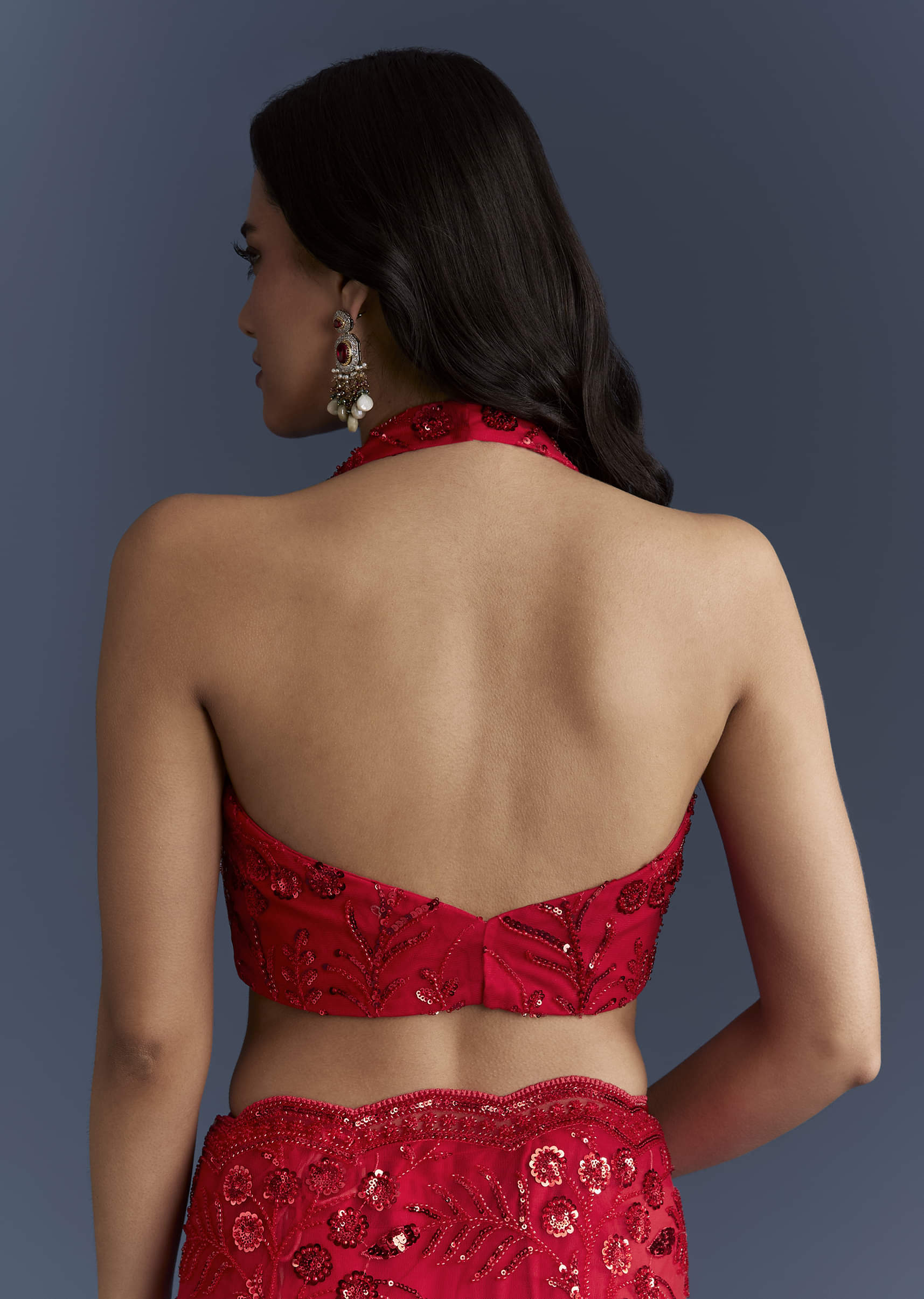 Red Net Saree With Floral Sequins Embroidery - Image 8