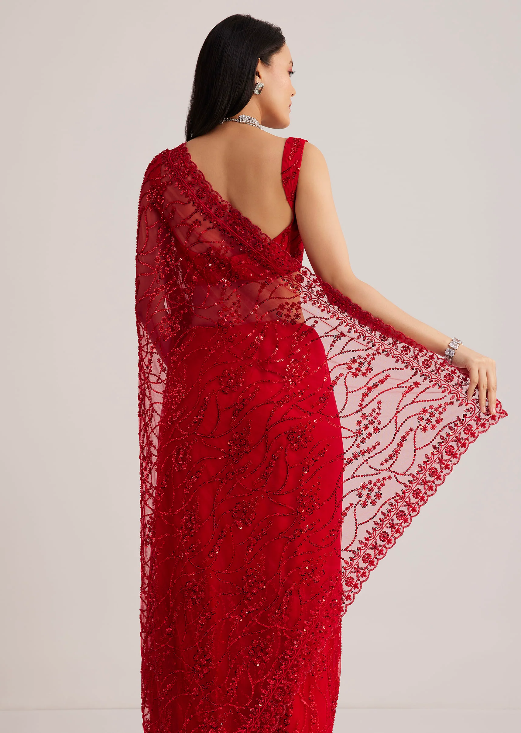 Red Net Saree With Sequins And Stone Detailing - Image 4