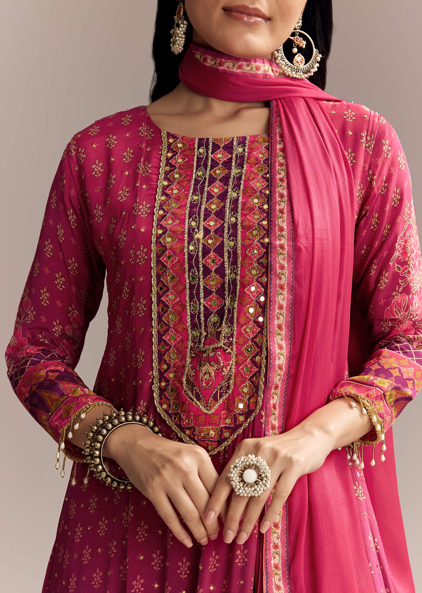 Red Ombre Crepe Printed Anarkali Suit With Embroidery And Tassels - Image 3