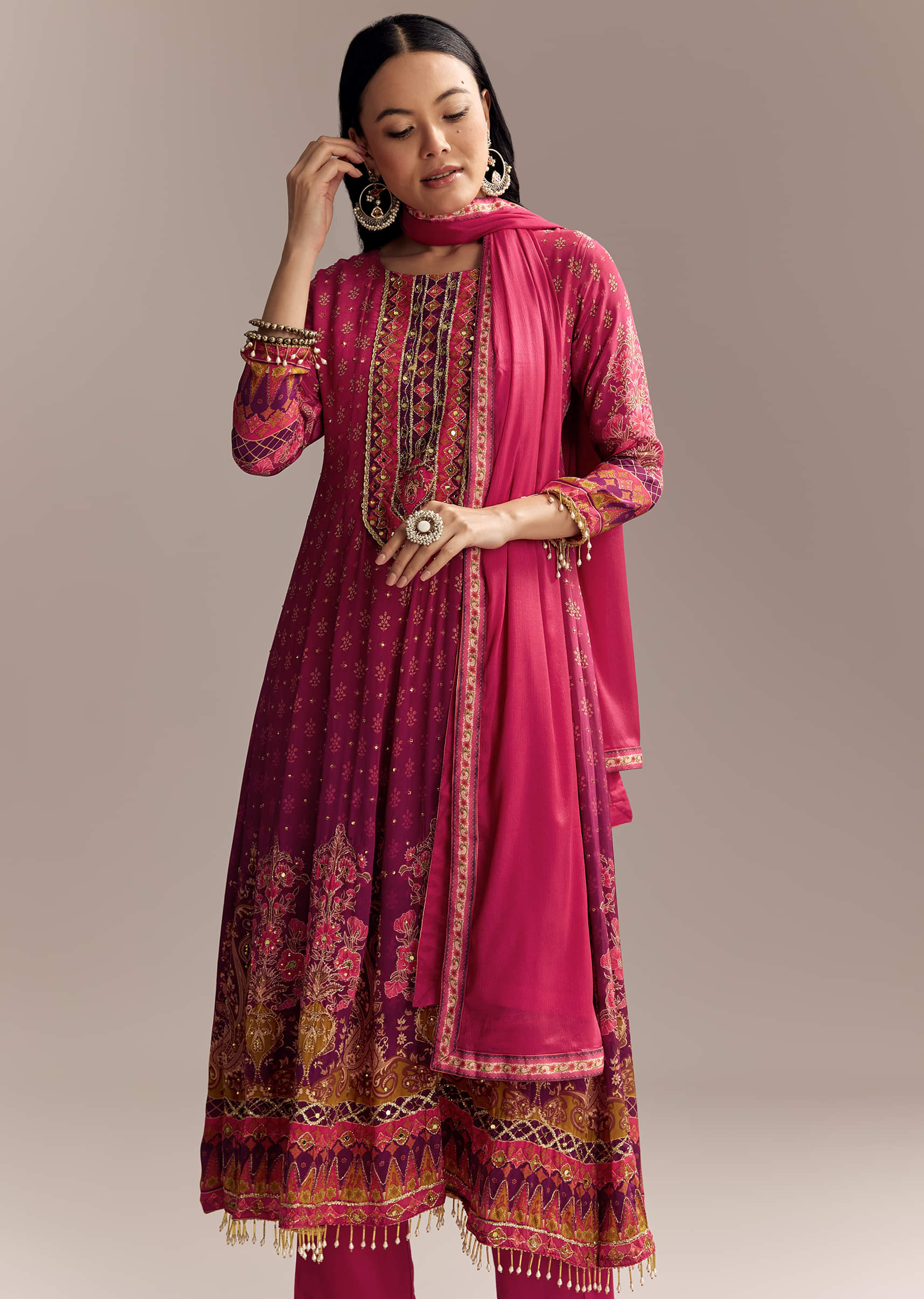 Red Ombre Crepe Printed Anarkali Suit With Embroidery And Tassels - Image 4