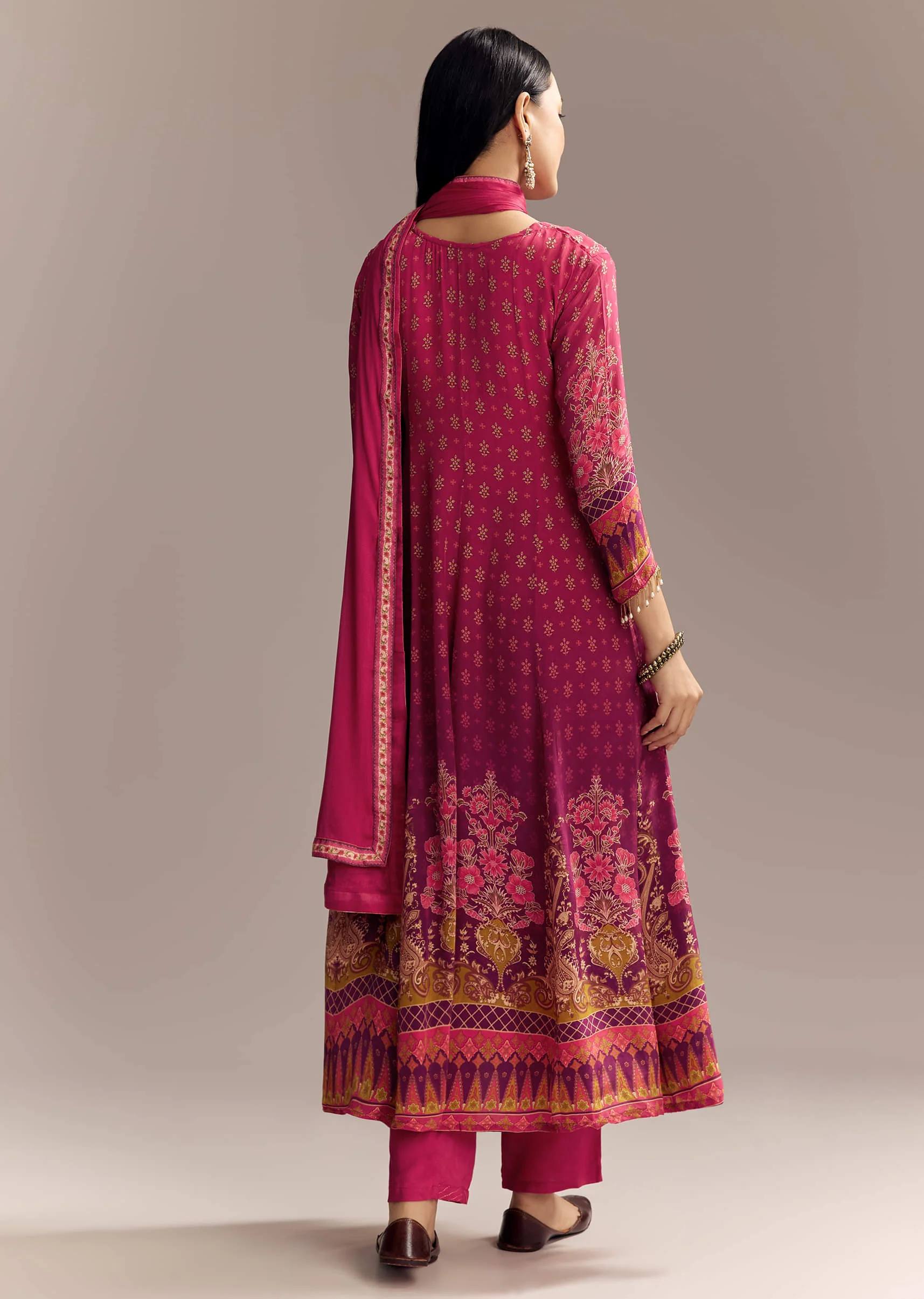 Red Ombre Crepe Printed Anarkali Suit With Embroidery And Tassels - Image 5
