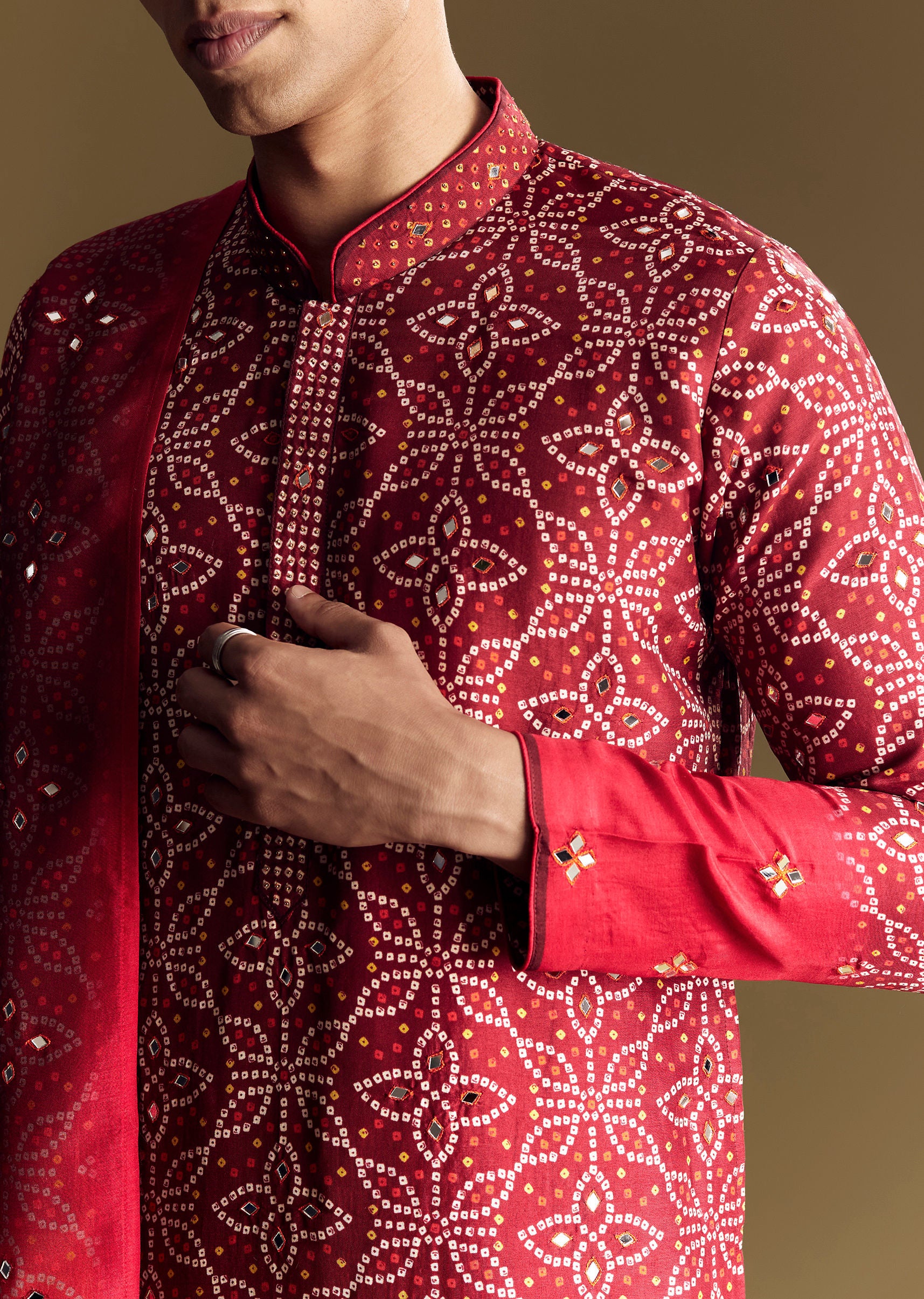 Red Ombre Kurta Set With Detailed Mirror Work - Image 2