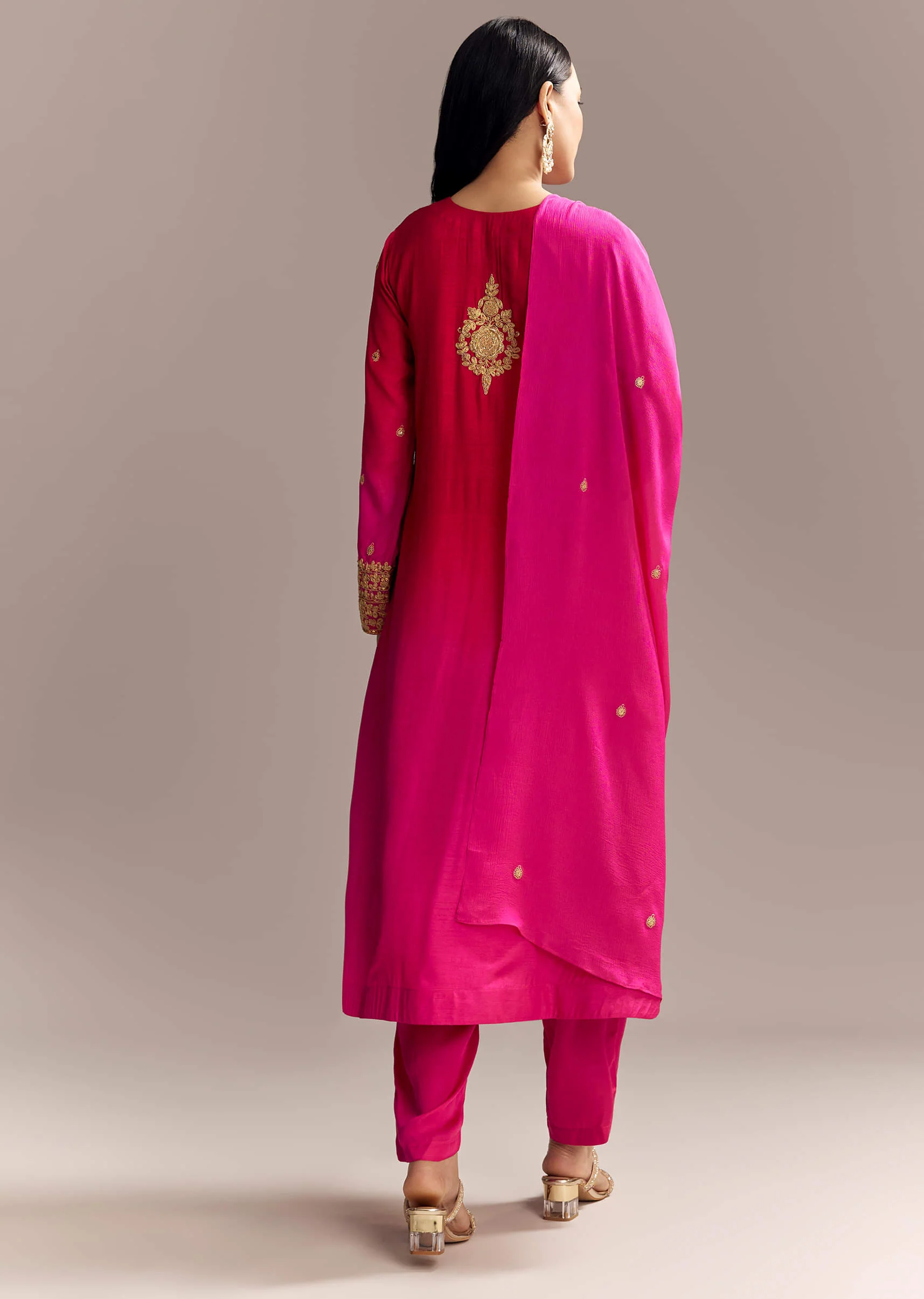 Red Ombre Silk Anarkali Suit With Zari Work - Image 5