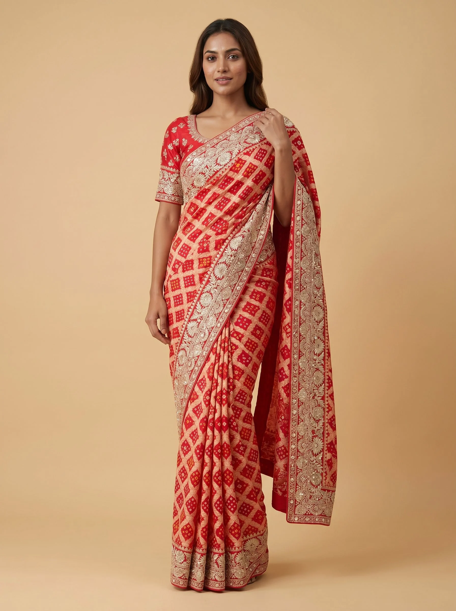 Red Orange Bandhani Saree with Dual Tone Finish