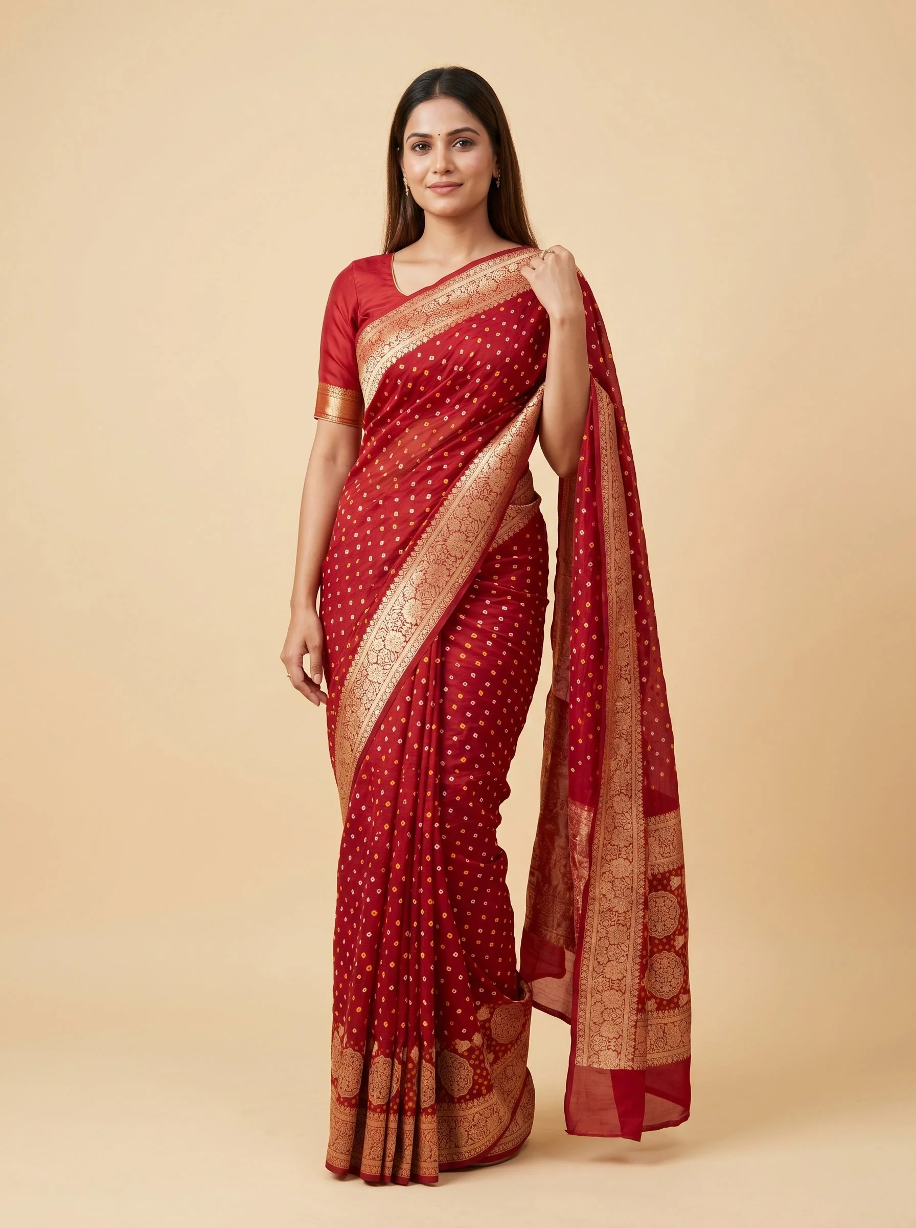 Red Orange Blend Bandhani Saree