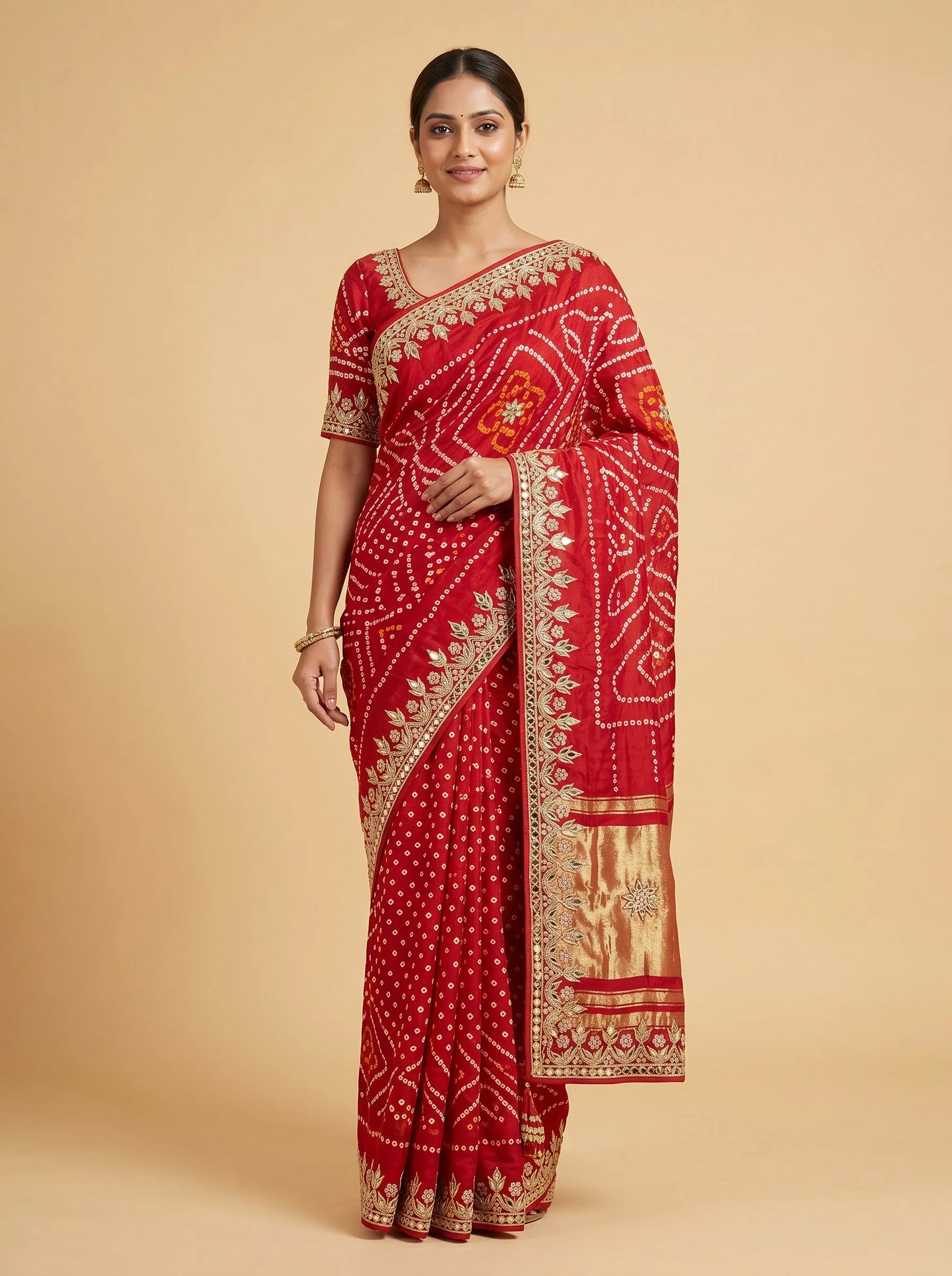 Red Orange Mixed Shade Bandhani Saree