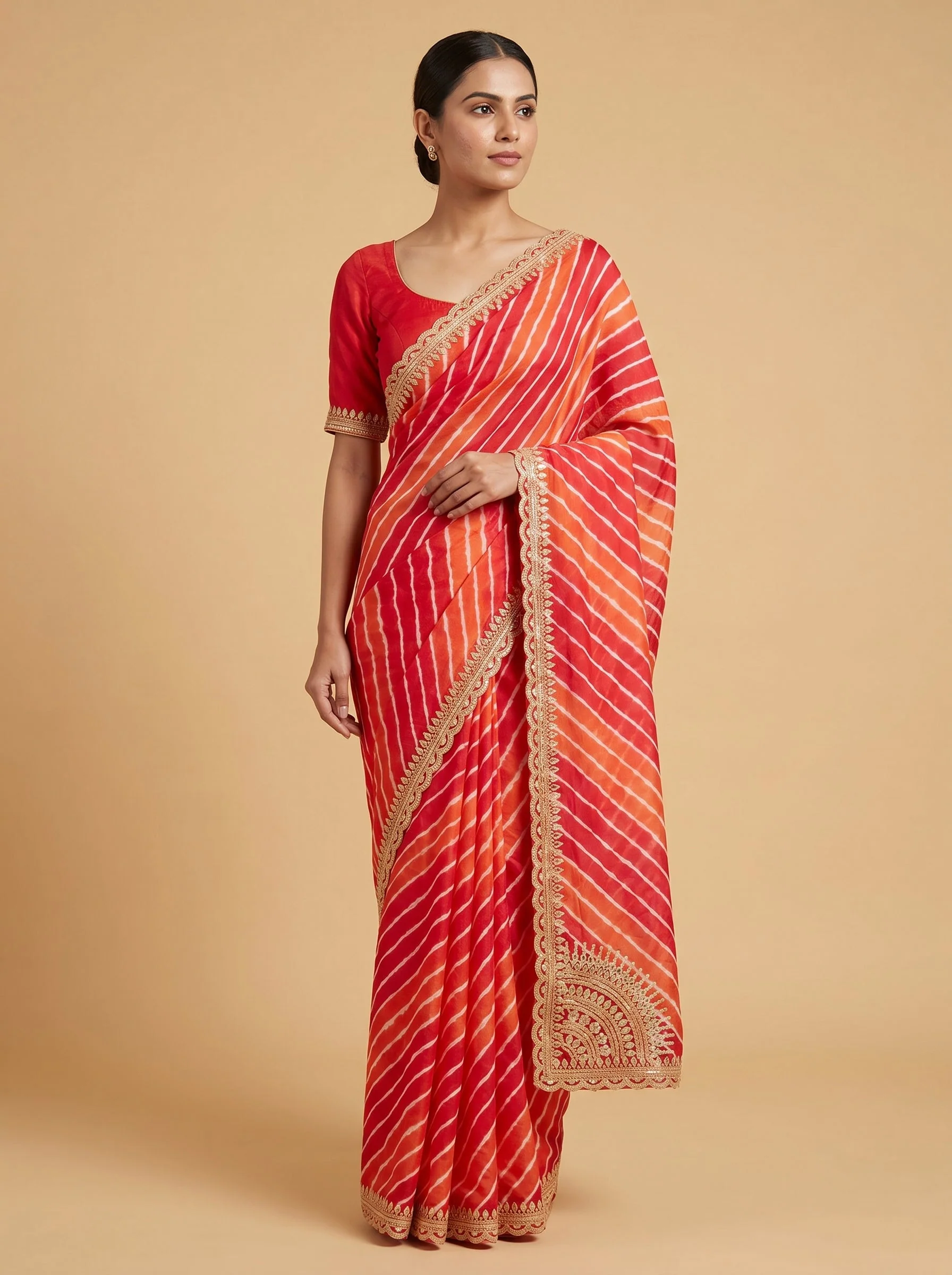 Red Orange Warm Fusion Embroidered Saree