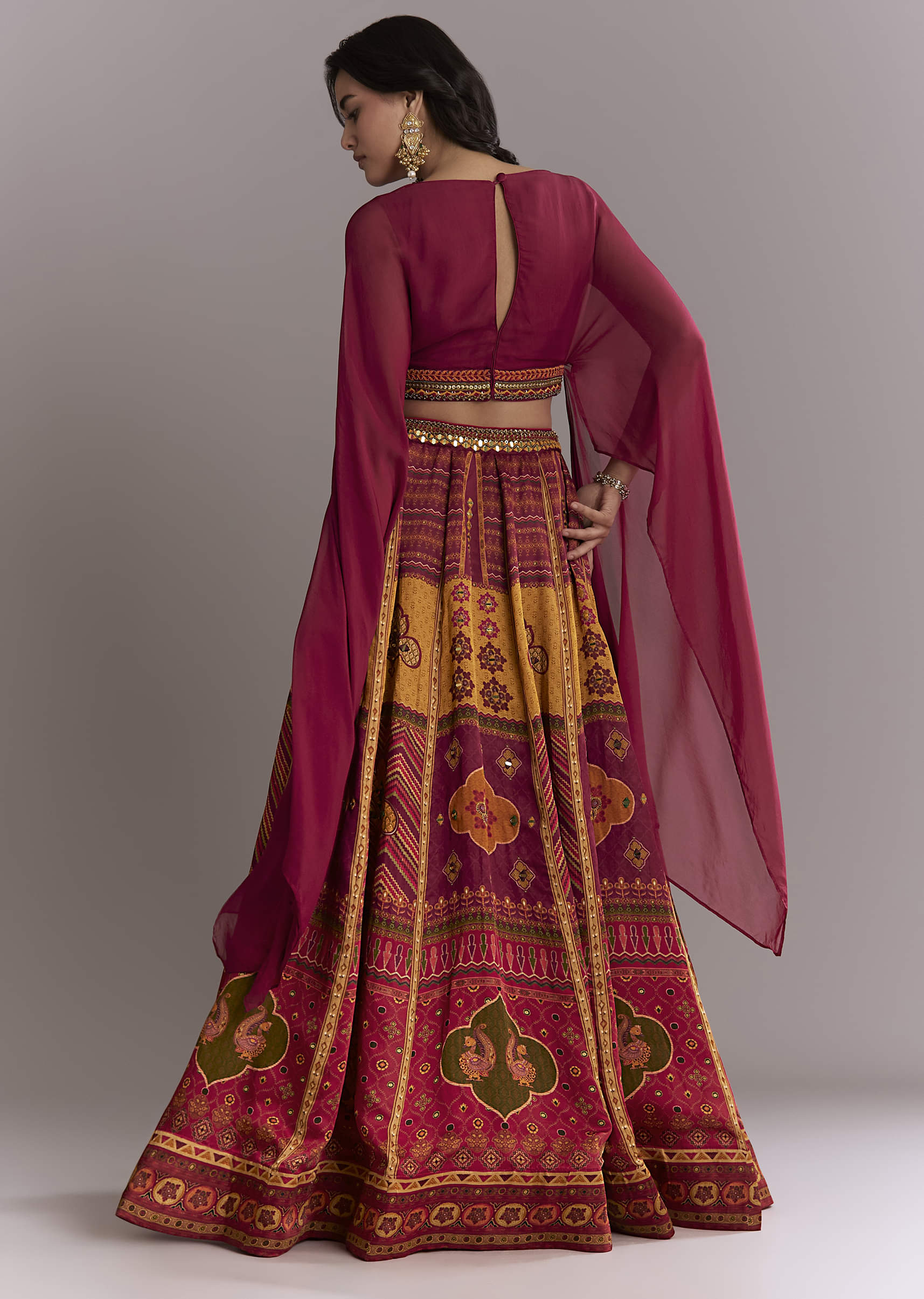 Red Organza Crop Top And Printed Skirt Set With Mirror Work - Image 2