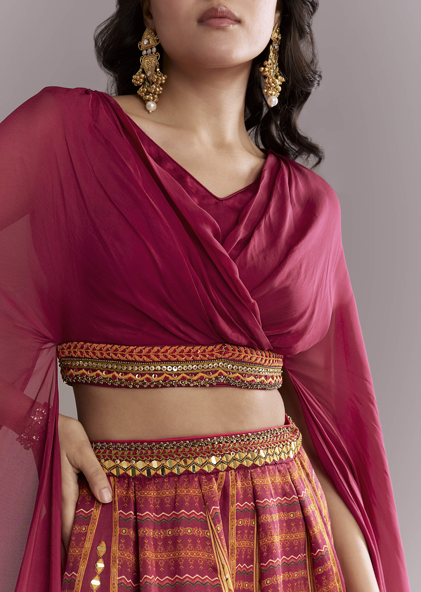 Red Organza Crop Top And Printed Skirt Set With Mirror Work - Image 3