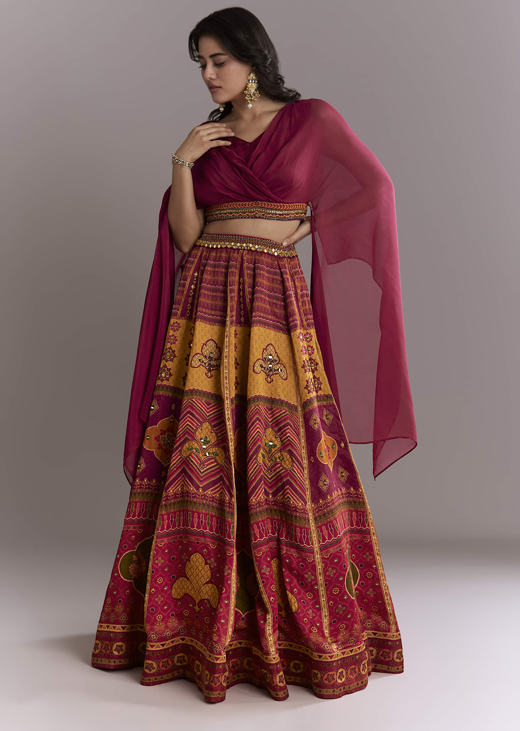 Red Organza Crop Top And Printed Skirt Set With Mirror Work - Image 4