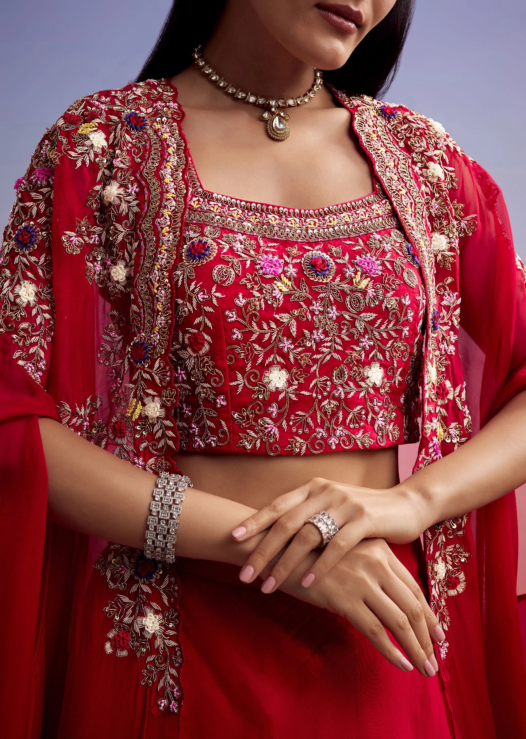 Red Organza Crop Top And Skirt Set With Embroidered Cape - Image 3
