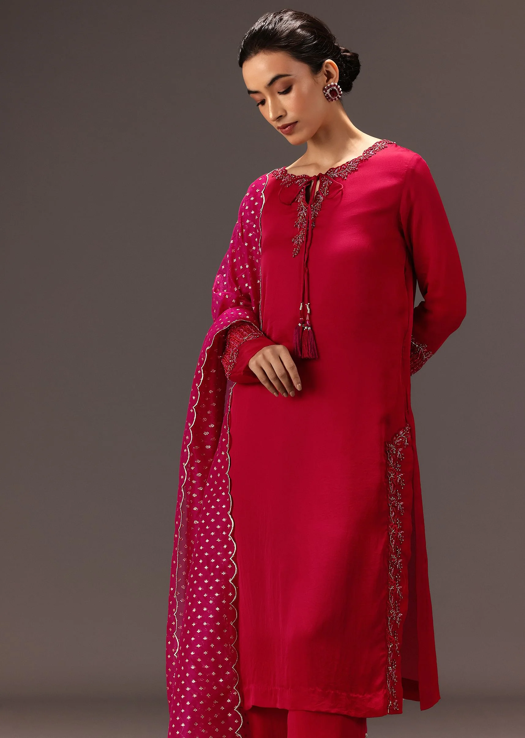 Red Organza Satin Hand Embroidered Kurta Set - Image 4