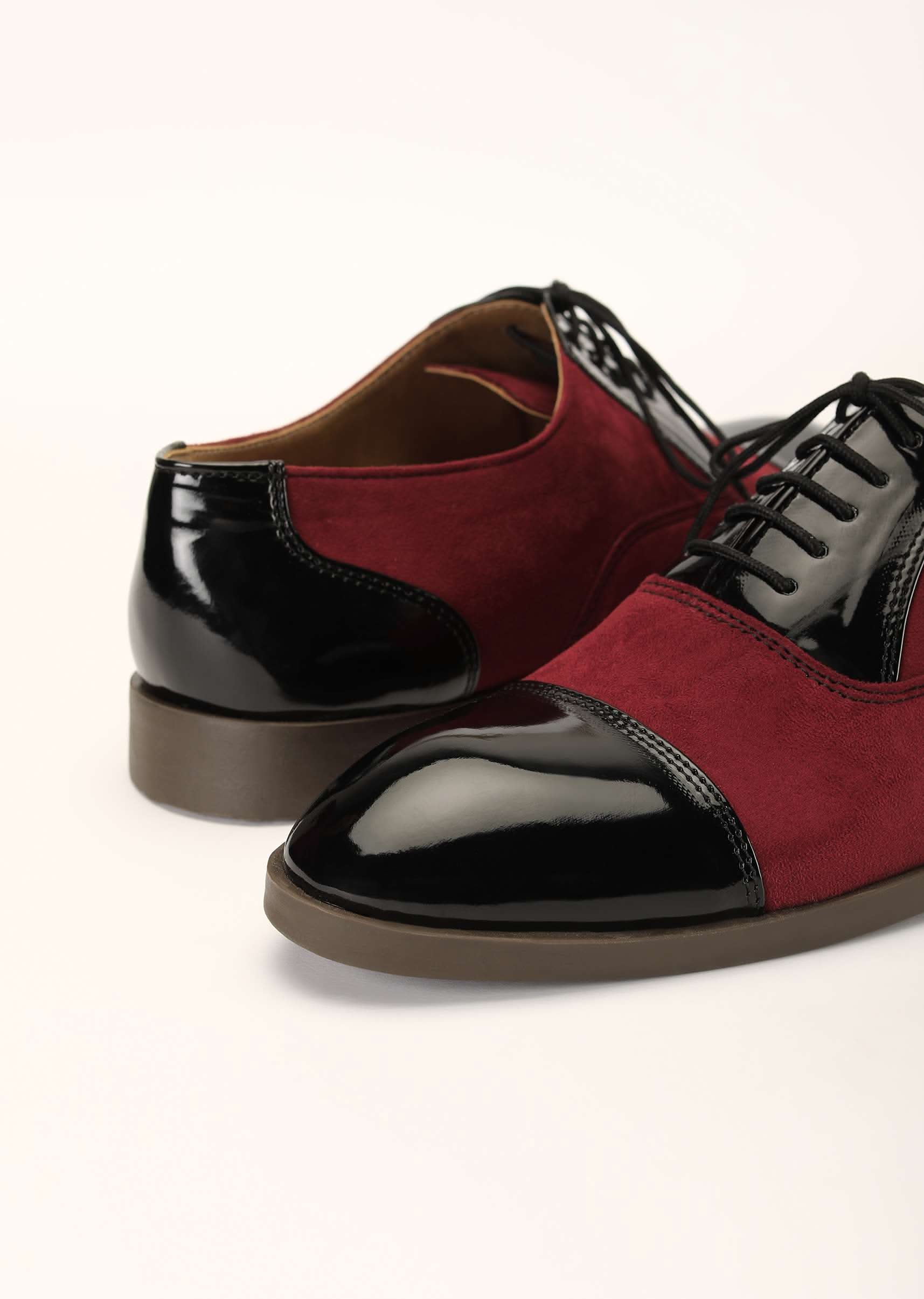 Red Oxfords In Suede With Black Rexine Leather Detailing - Image 2
