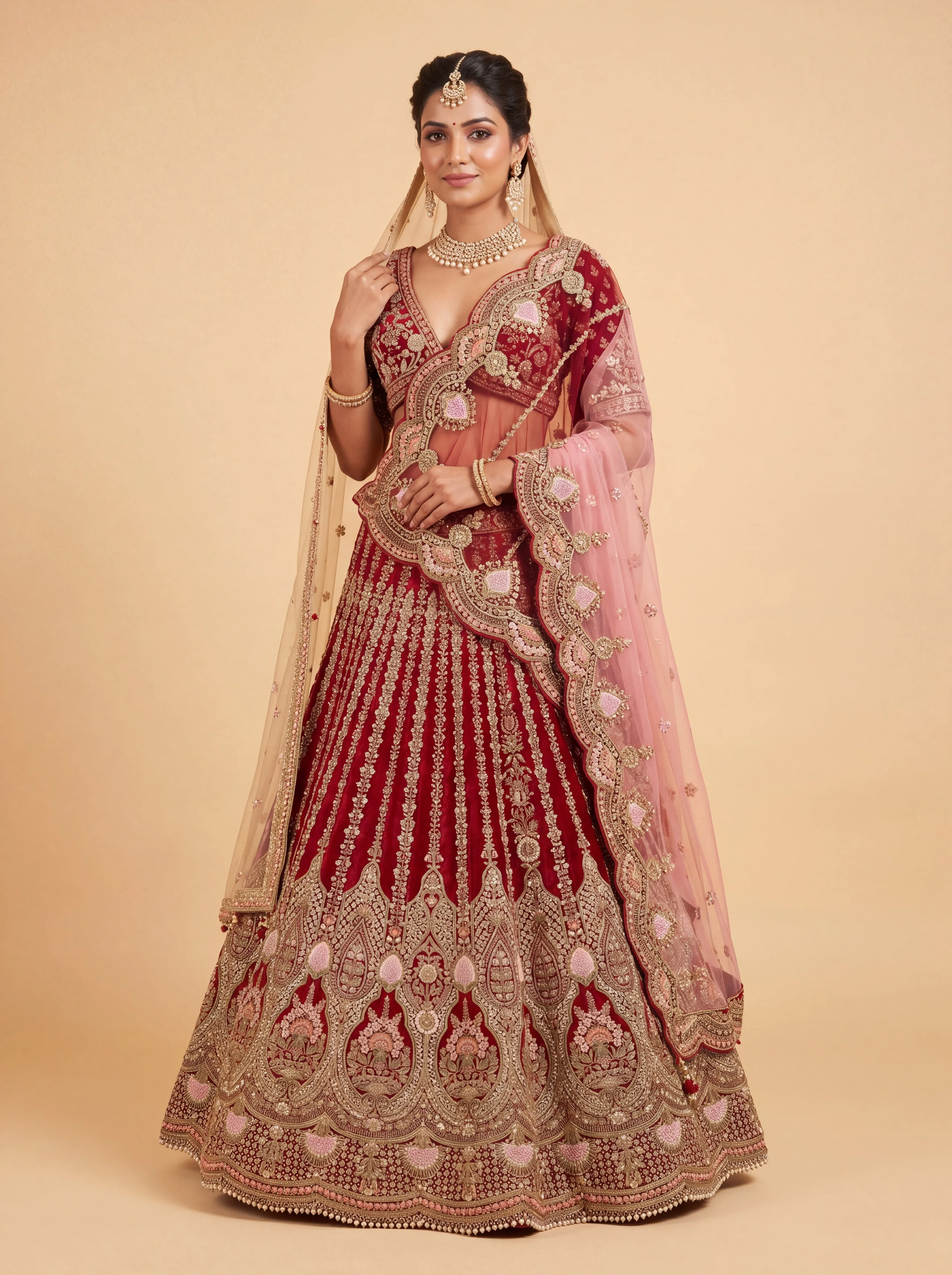 Red Pheras Bridal Lehenga With Floral Embroidered Volume